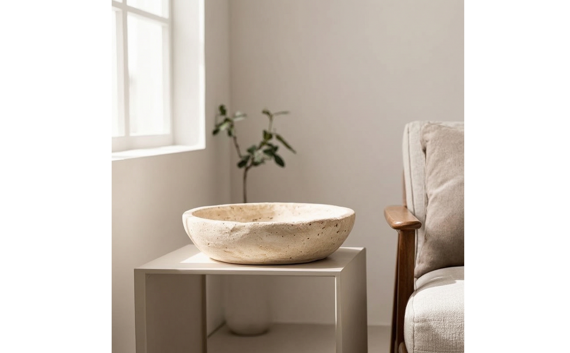 Schale mit Travertin-Optik beige Dekoschale in Steinoptik flach für Wohnzimmer