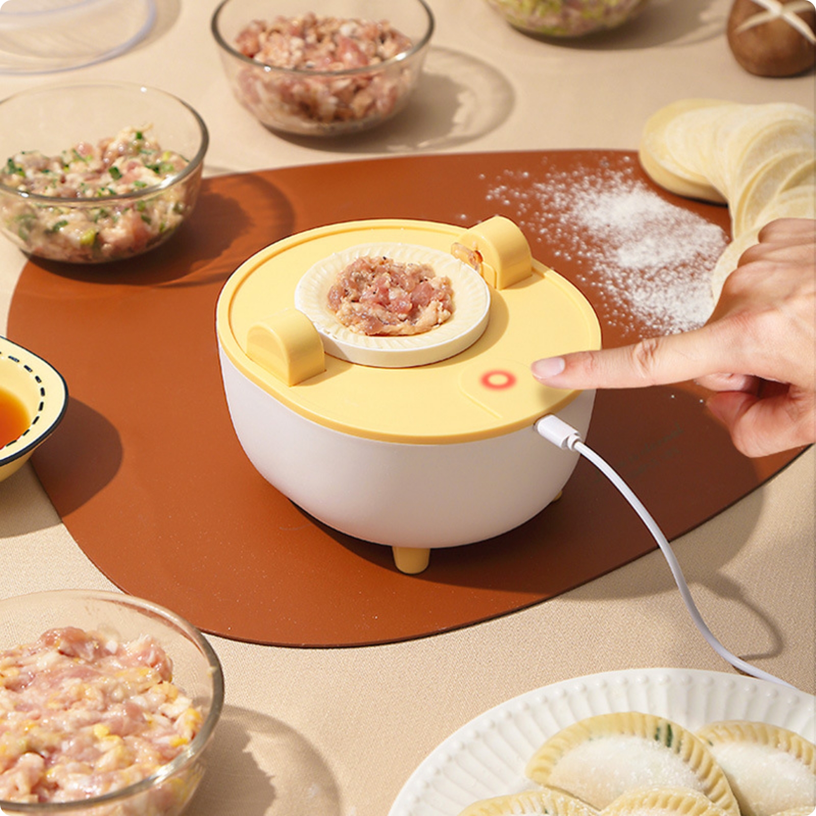 Electric Dumpling Machine Dumpling Maker Mold Ridged Edge Yellow and White