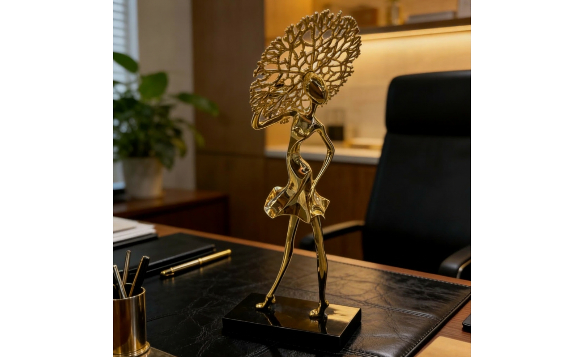 Female Figurine with Black Base Gold Female Form Statue Electroplated for Office