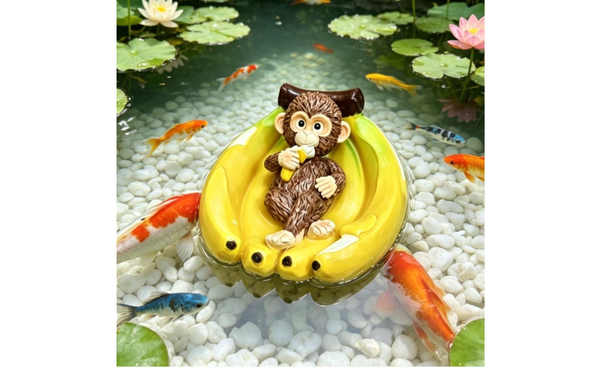 Monkey in Banana Boat Resin Monkey Sculpture Yellow for Aquarium, Garden