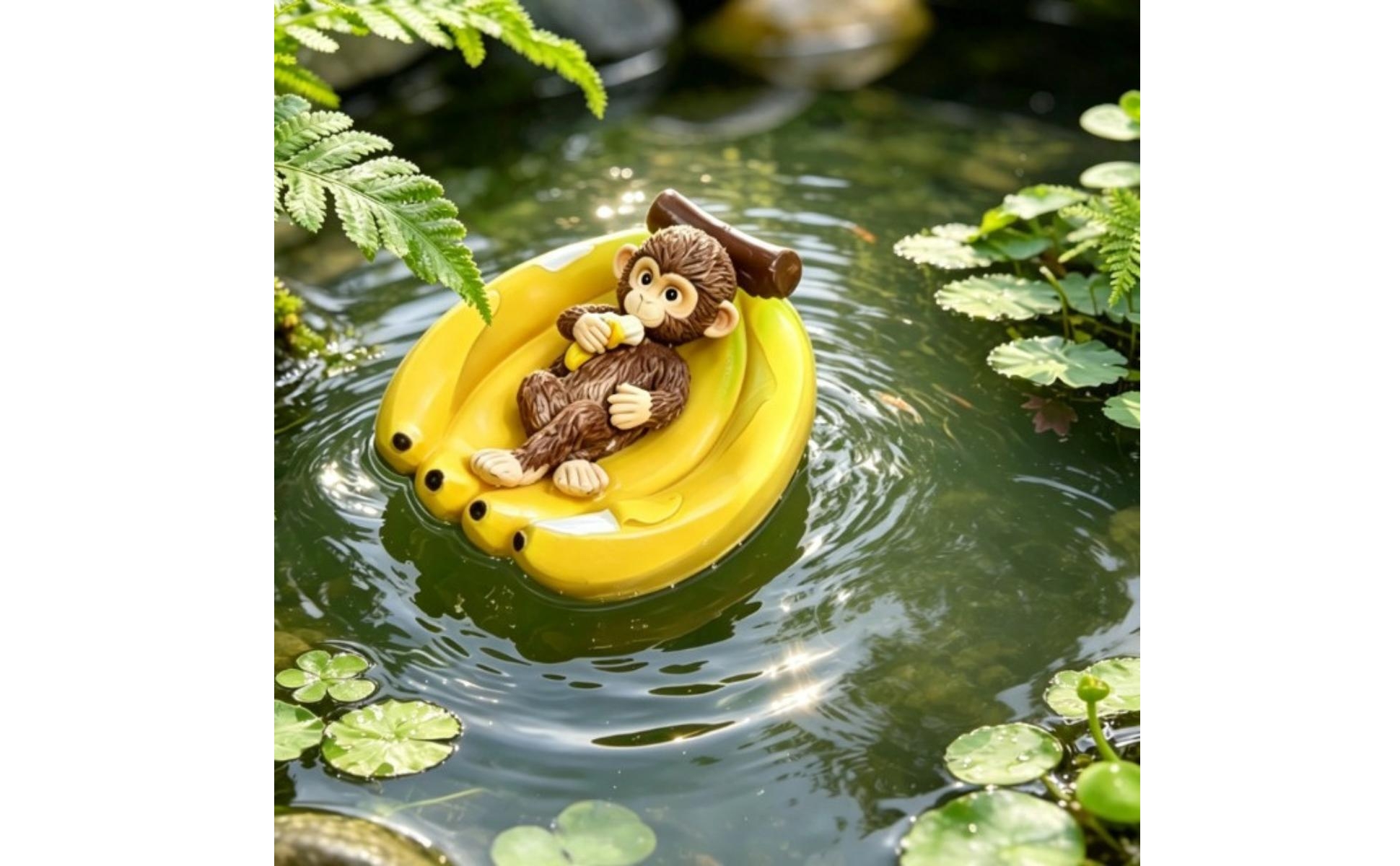 Monkey in Banana Boat Resin Monkey Sculpture Yellow for Aquarium, Garden
