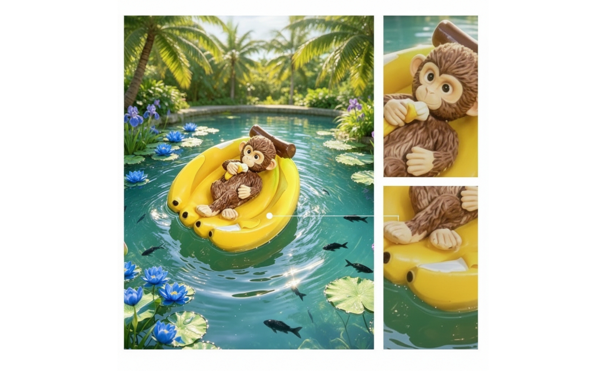 Monkey in Banana Boat Resin Monkey Sculpture Yellow for Aquarium, Garden