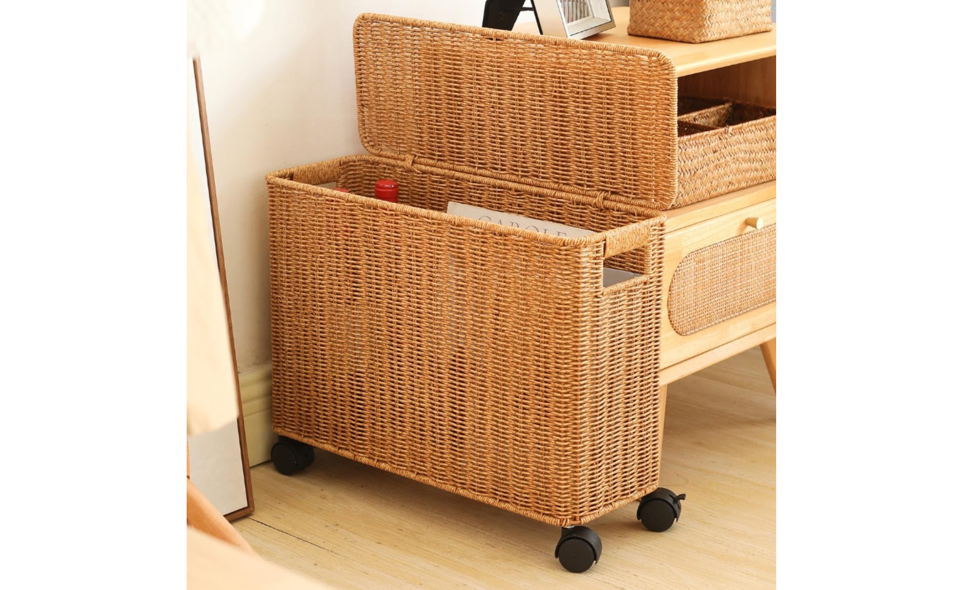 Wicker Storage Box with Wheels Woven Rattan Storage Basket with Lid Narrow