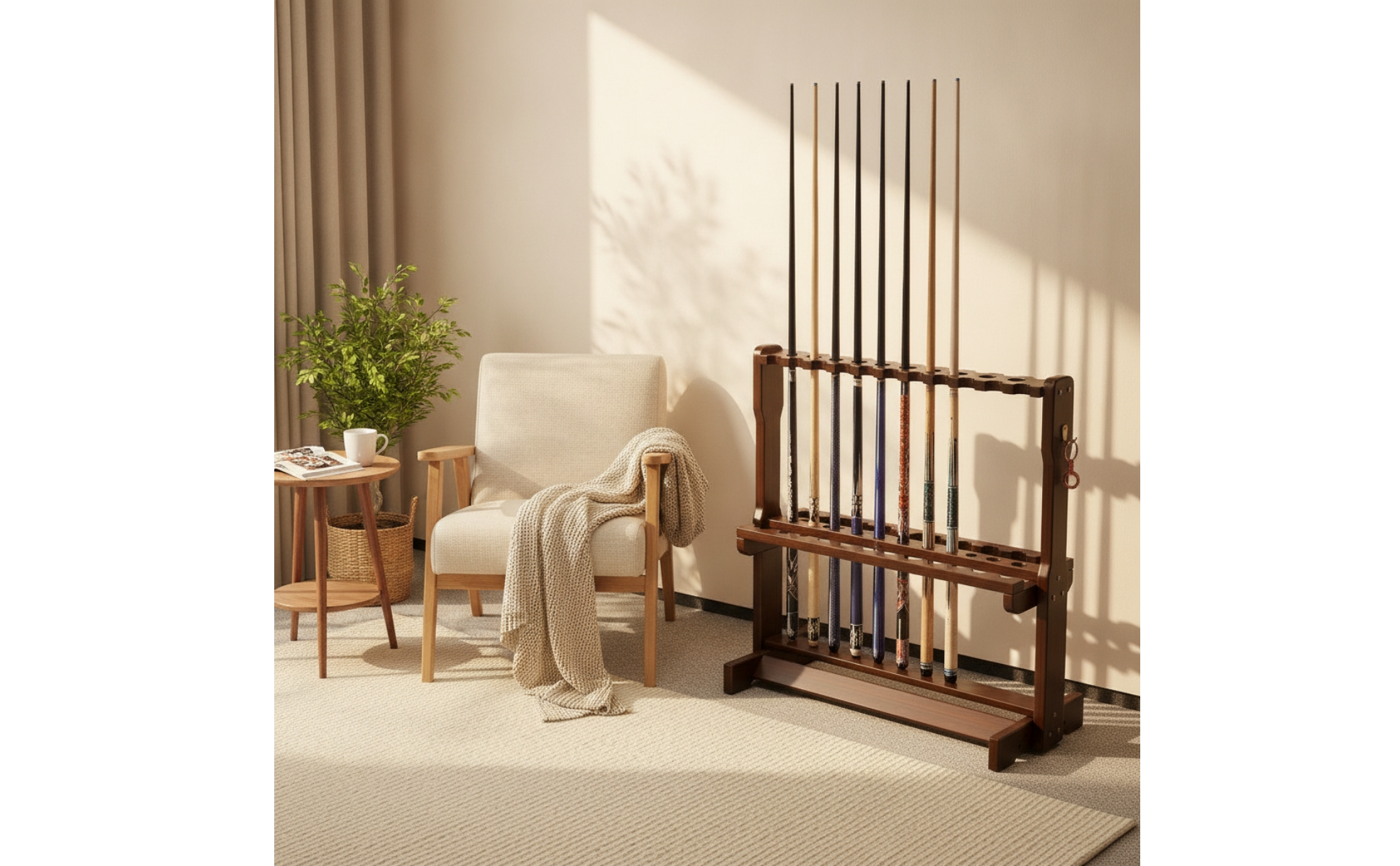 Floor Standing Pool Cue Rack Freestanding Cue Rack with Pegs Wooden