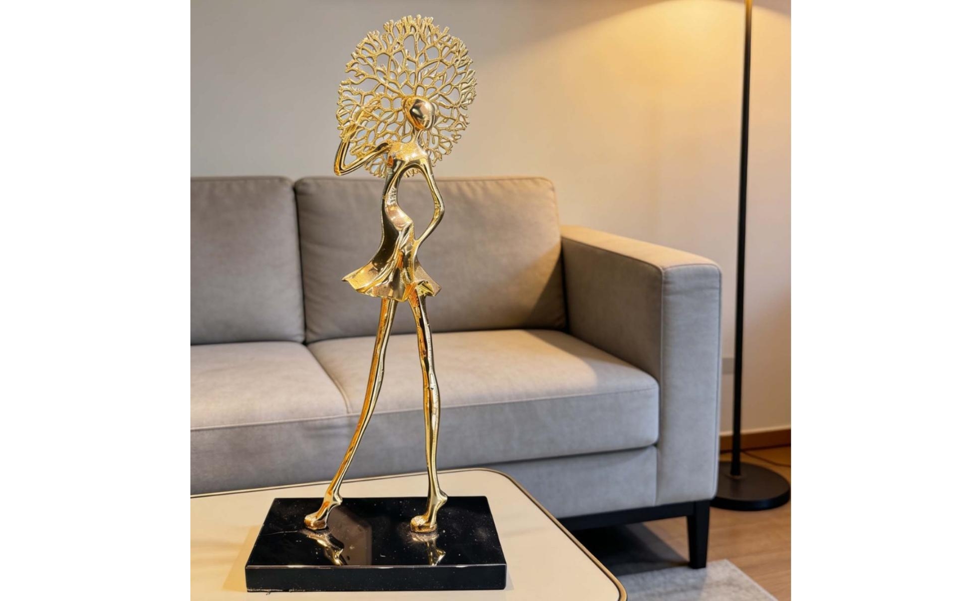 Female Figurine with Black Base Gold Female Form Statue Electroplated for Office