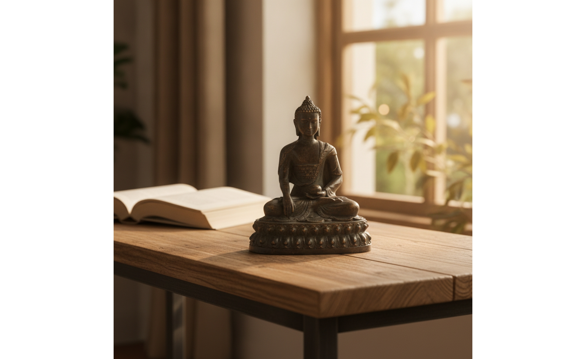 Buddha-Statue mit Relief-Sockel Antik meditierende Buddha-Statue bronzefarben
