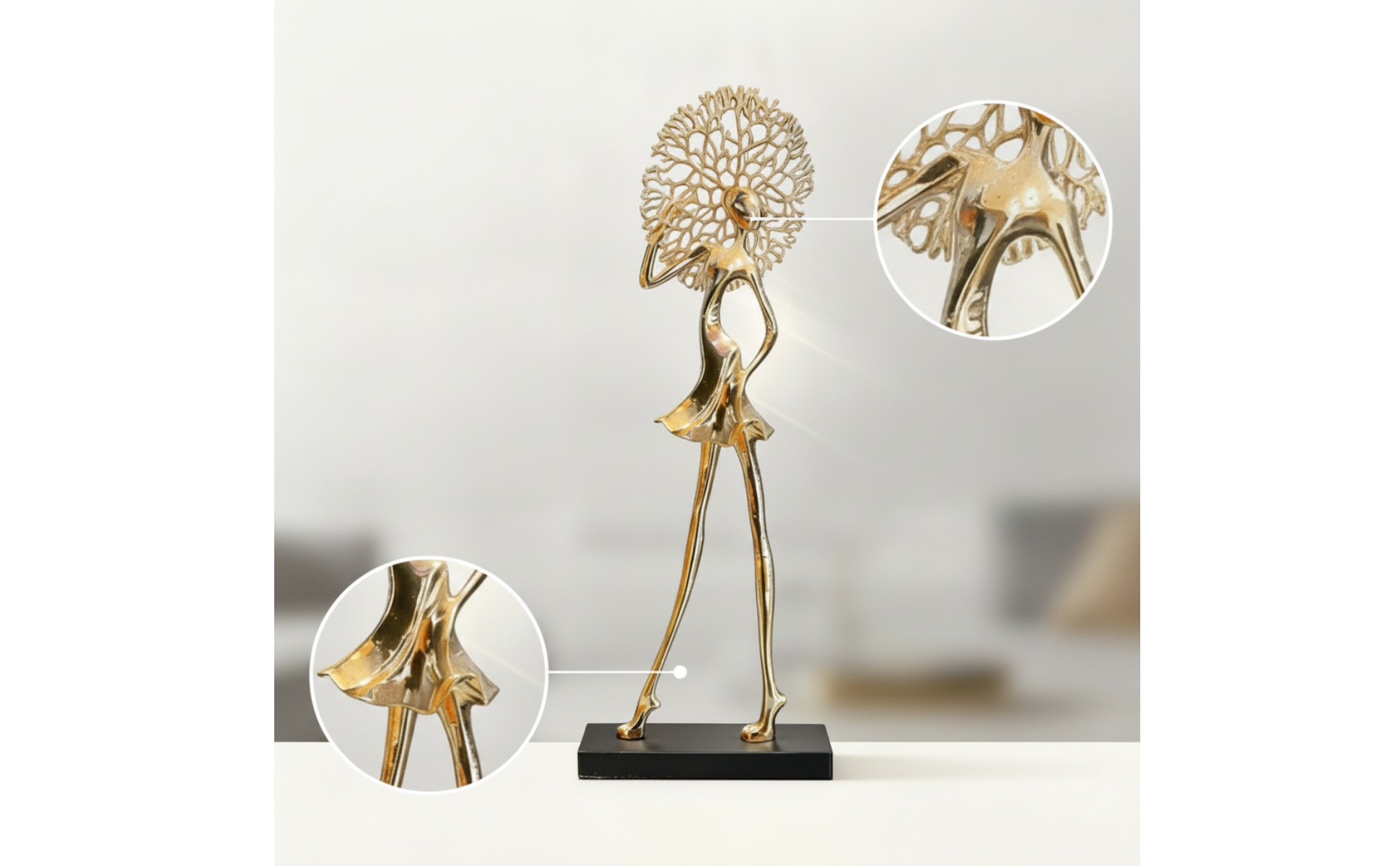 Female Figurine with Black Base Gold Female Form Statue Electroplated for Office