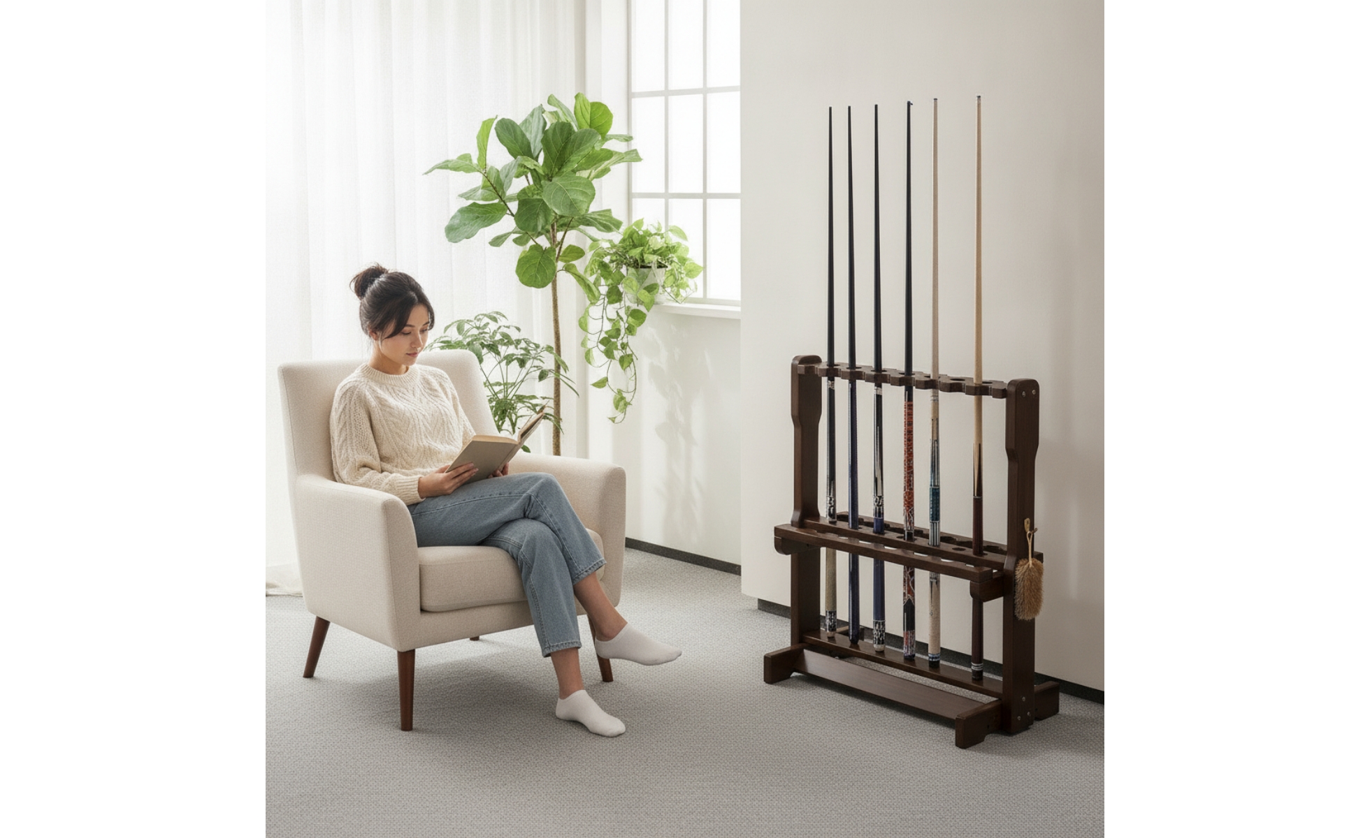 Floor Standing Pool Cue Rack Freestanding Cue Rack with Pegs Wooden