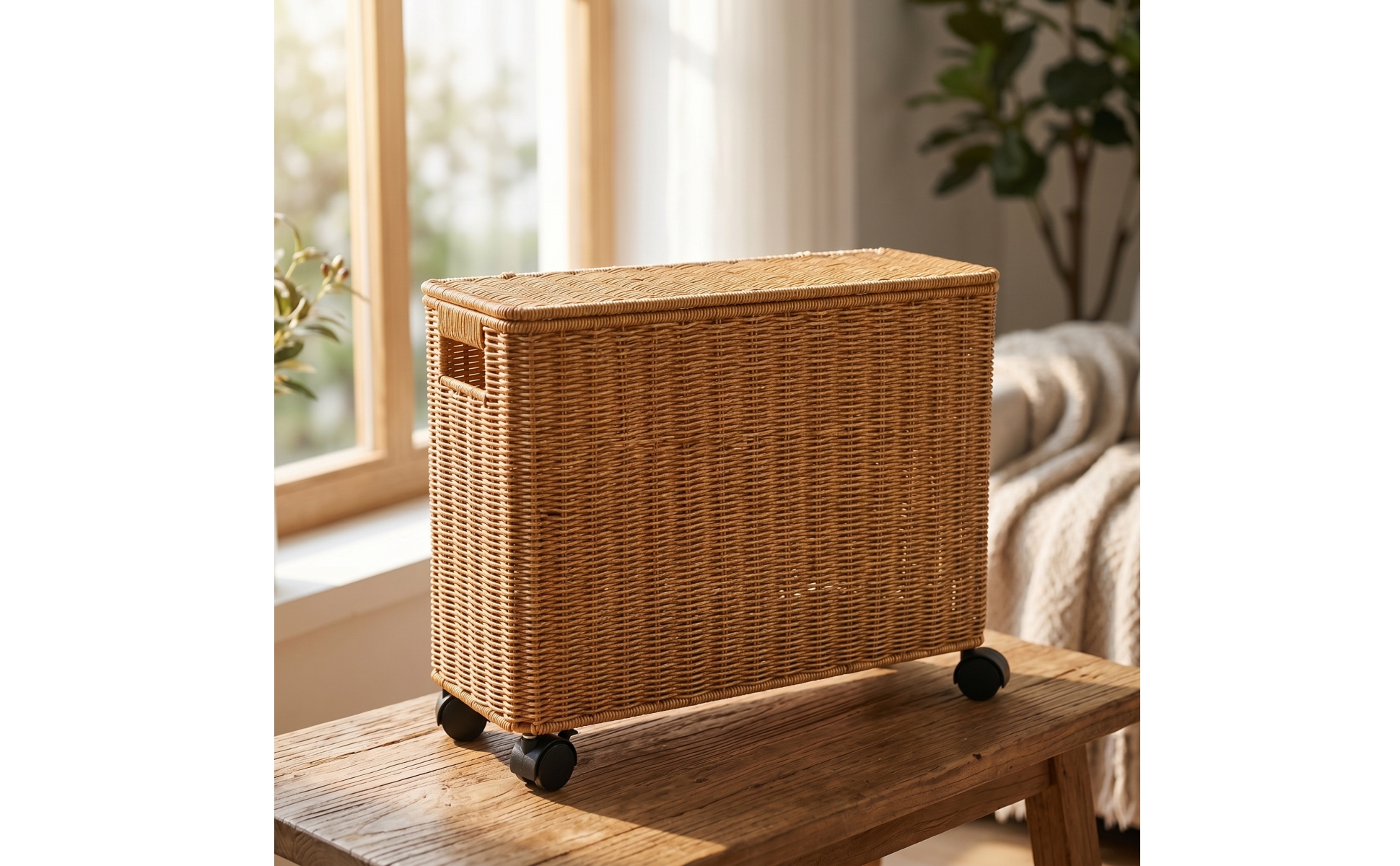 Wicker Storage Box with Wheels Woven Rattan Storage Basket with Lid Narrow