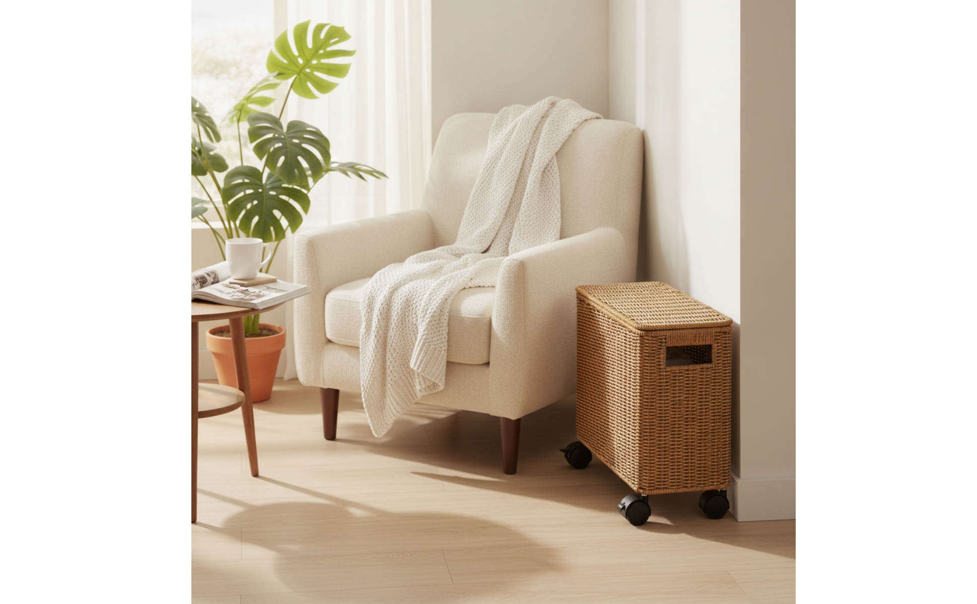 Wicker Storage Box with Wheels Woven Rattan Storage Basket with Lid Narrow