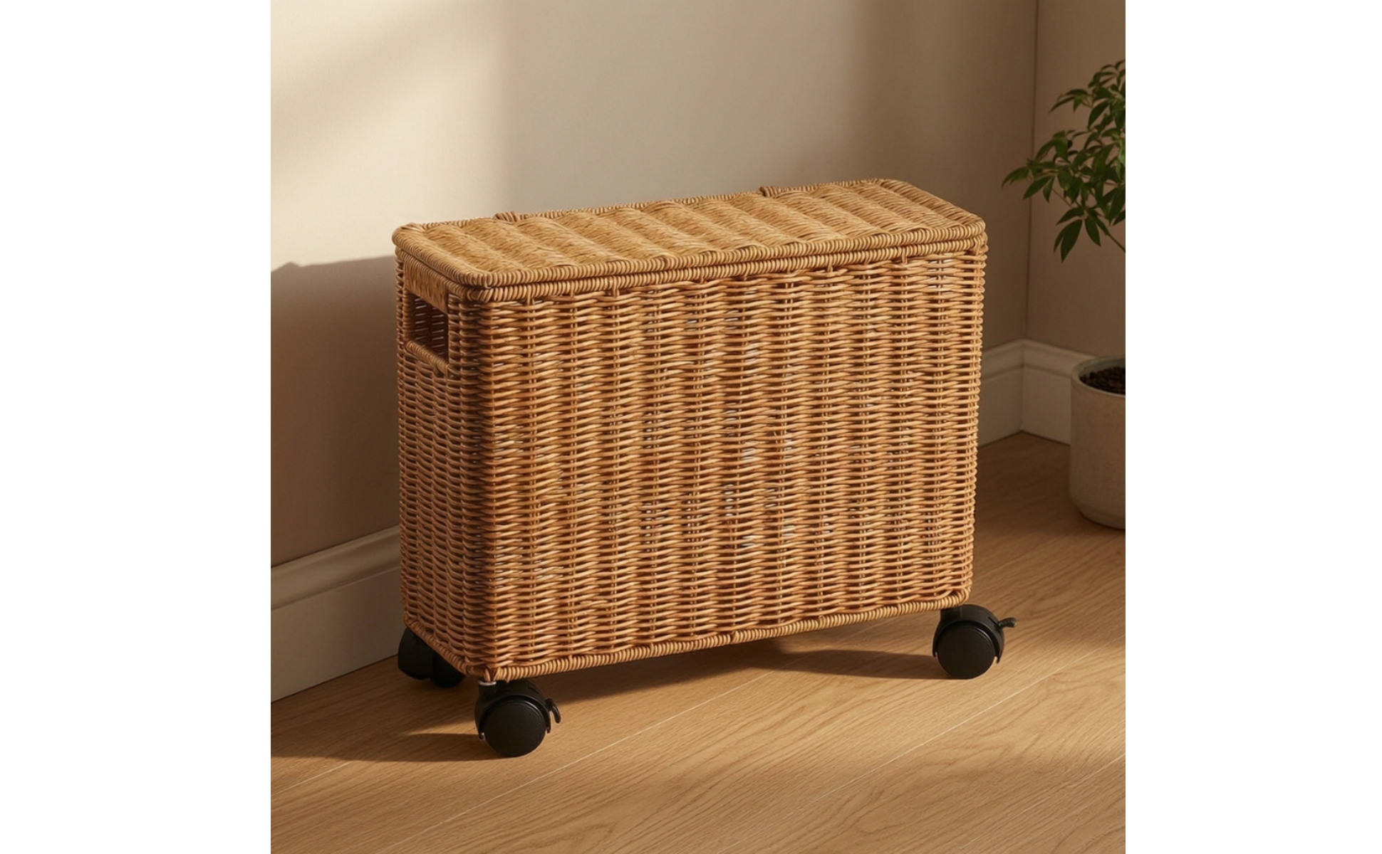 Wicker Storage Box with Wheels Woven Rattan Storage Basket with Lid Narrow