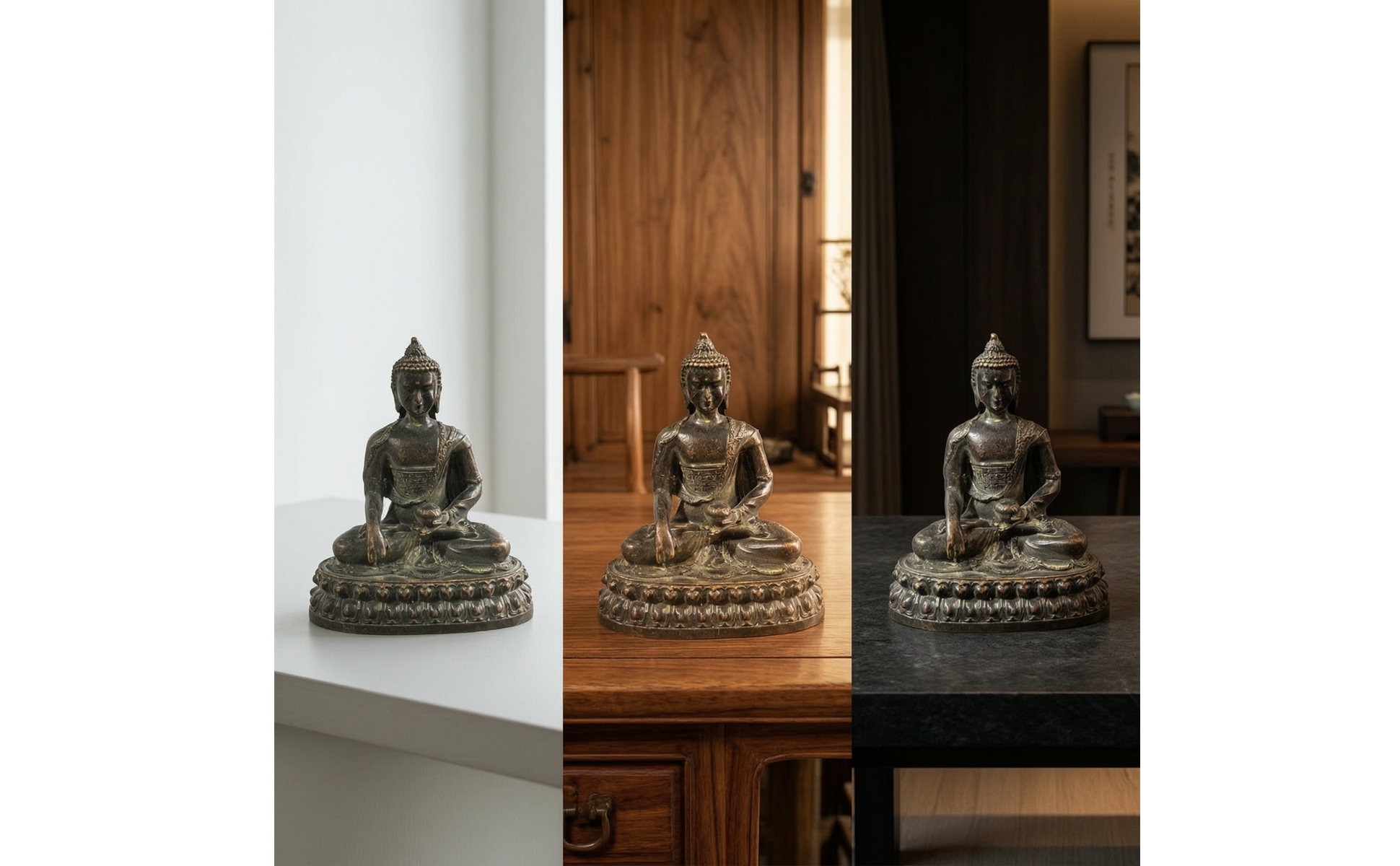 Buddha-Statue mit Relief-Sockel Antik meditierende Buddha-Statue bronzefarben