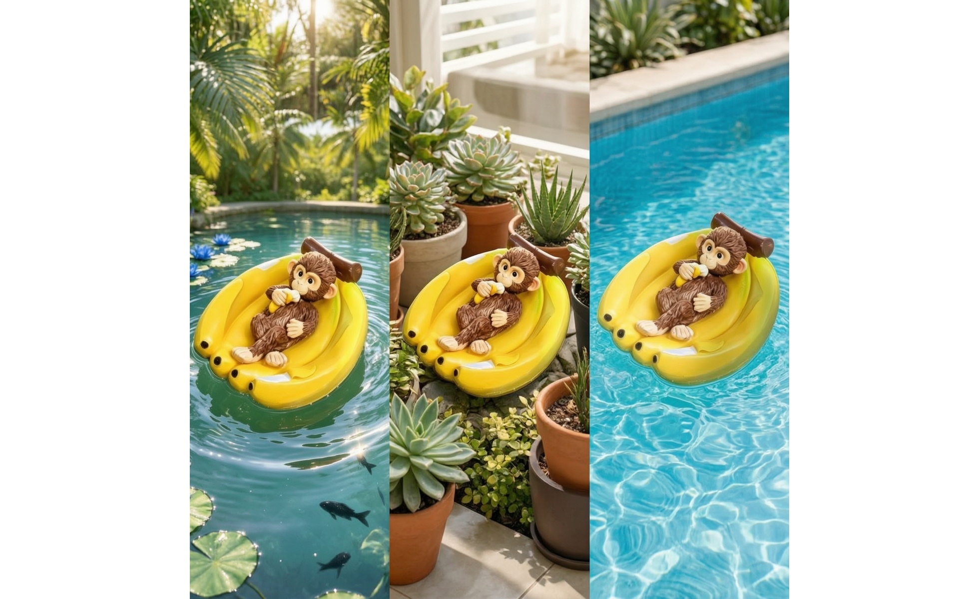 Monkey in Banana Boat Resin Monkey Sculpture Yellow for Aquarium, Garden