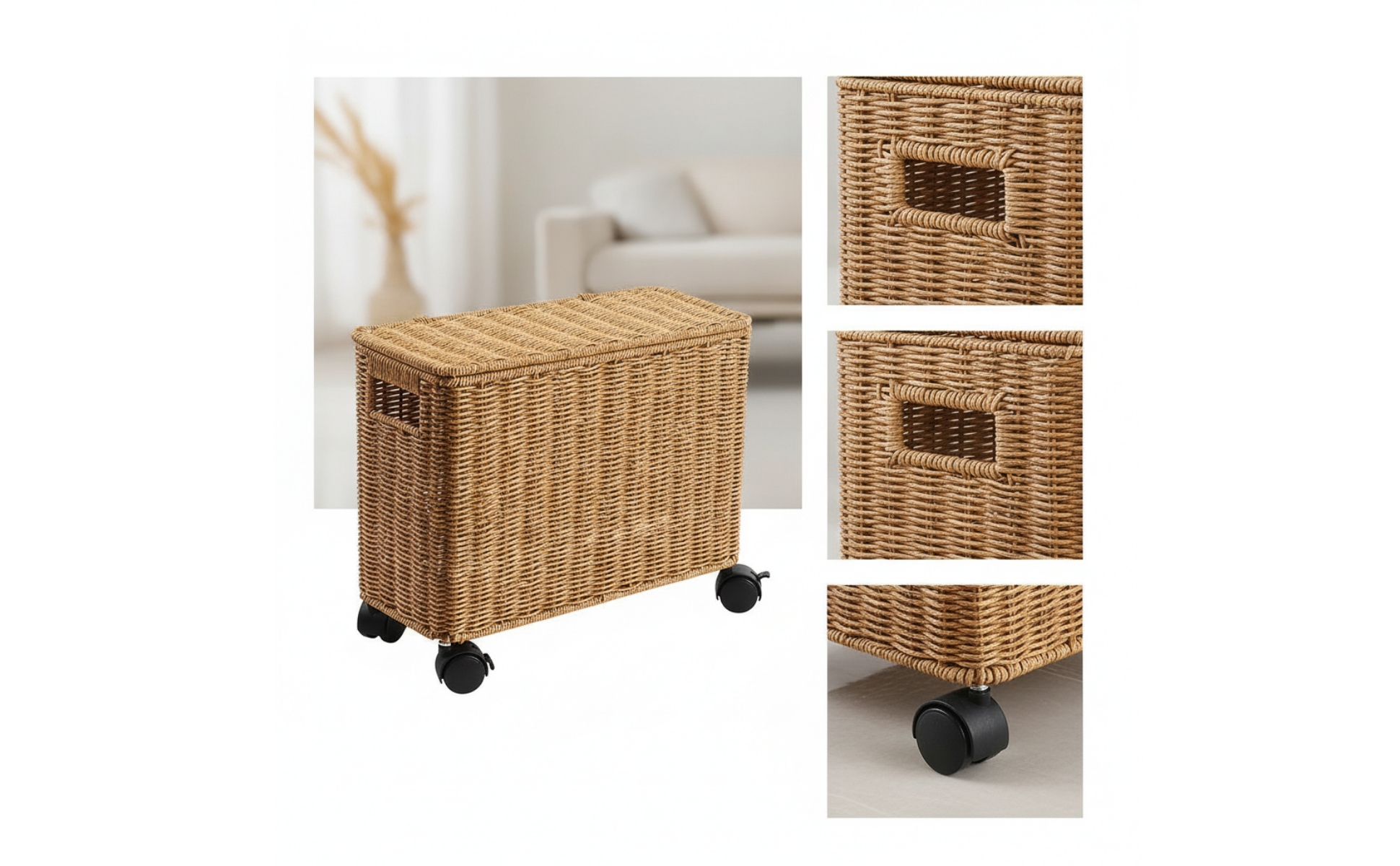 Wicker Storage Box with Wheels Woven Rattan Storage Basket with Lid Narrow