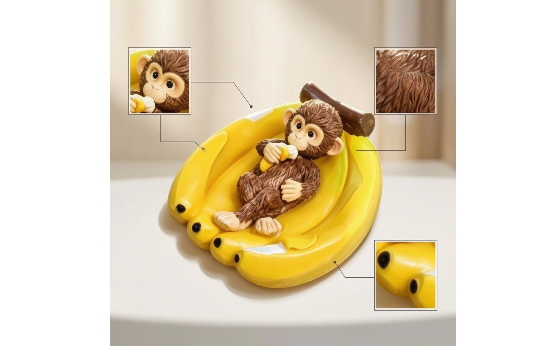 Monkey in Banana Boat Resin Monkey Sculpture Yellow for Aquarium, Garden