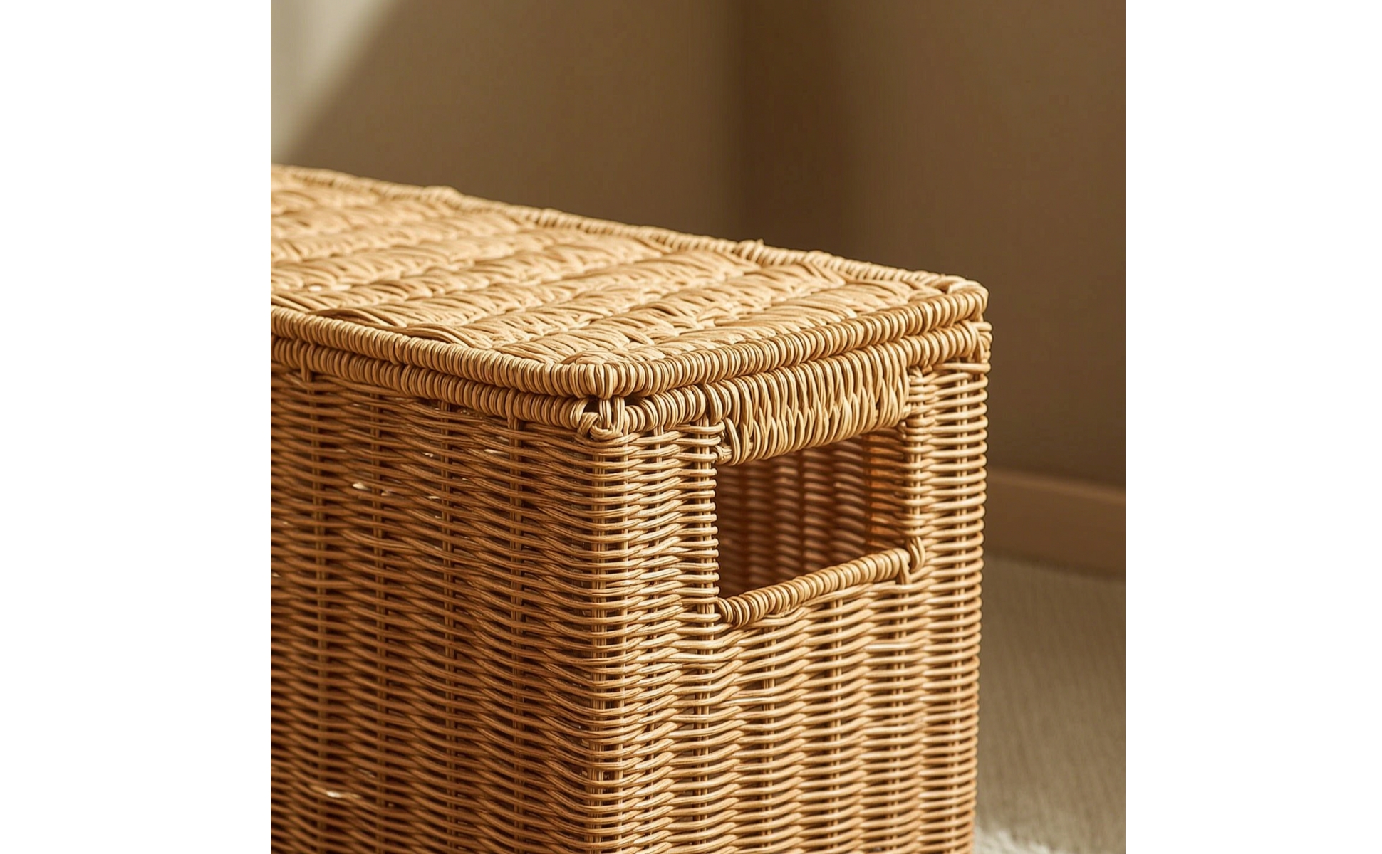 Wicker Storage Box with Wheels Woven Rattan Storage Basket with Lid Narrow
