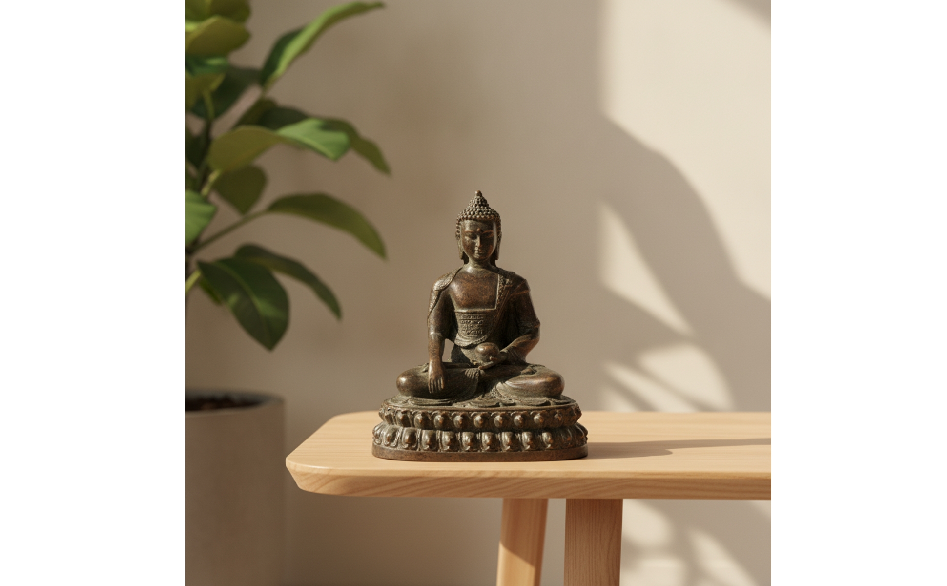 Buddha-Statue mit Relief-Sockel Antik meditierende Buddha-Statue bronzefarben