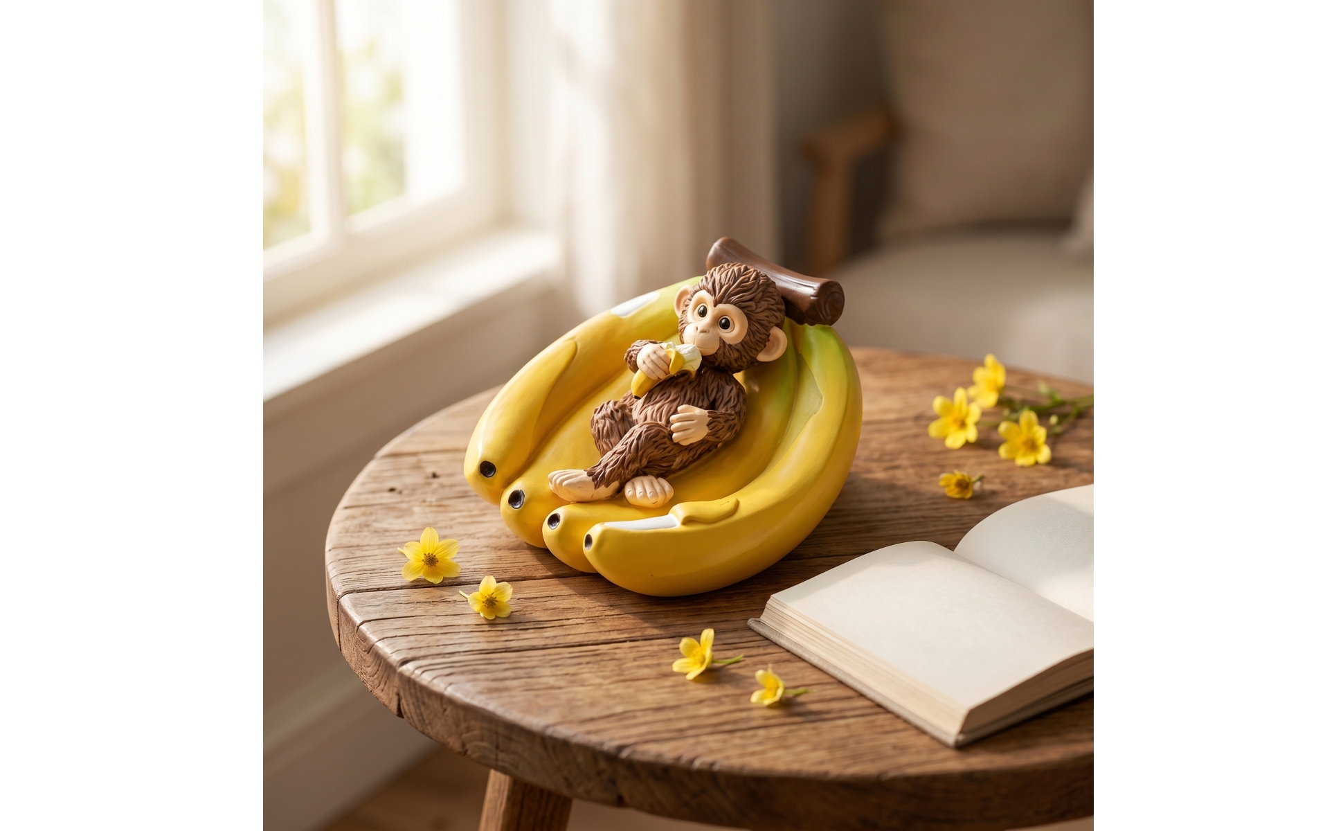 Monkey in Banana Boat Resin Monkey Sculpture Yellow for Aquarium, Garden
