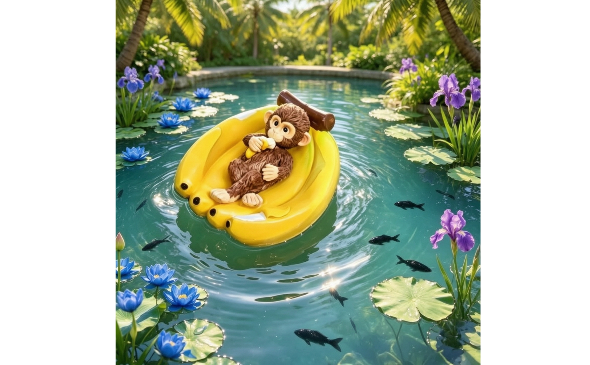 Monkey in Banana Boat Resin Monkey Sculpture Yellow for Aquarium, Garden
