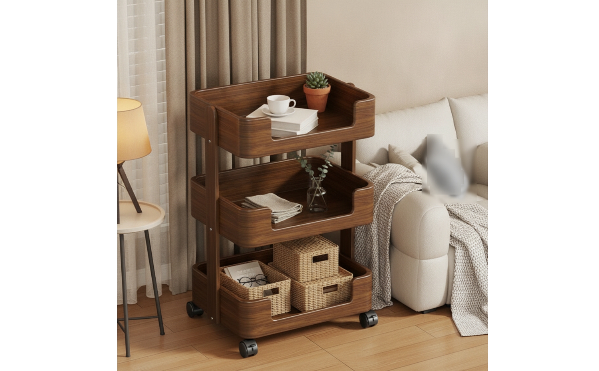 Chariot de Rangement à Trois Niveaux Mobile Chariot de Rangement En Bois Compact
