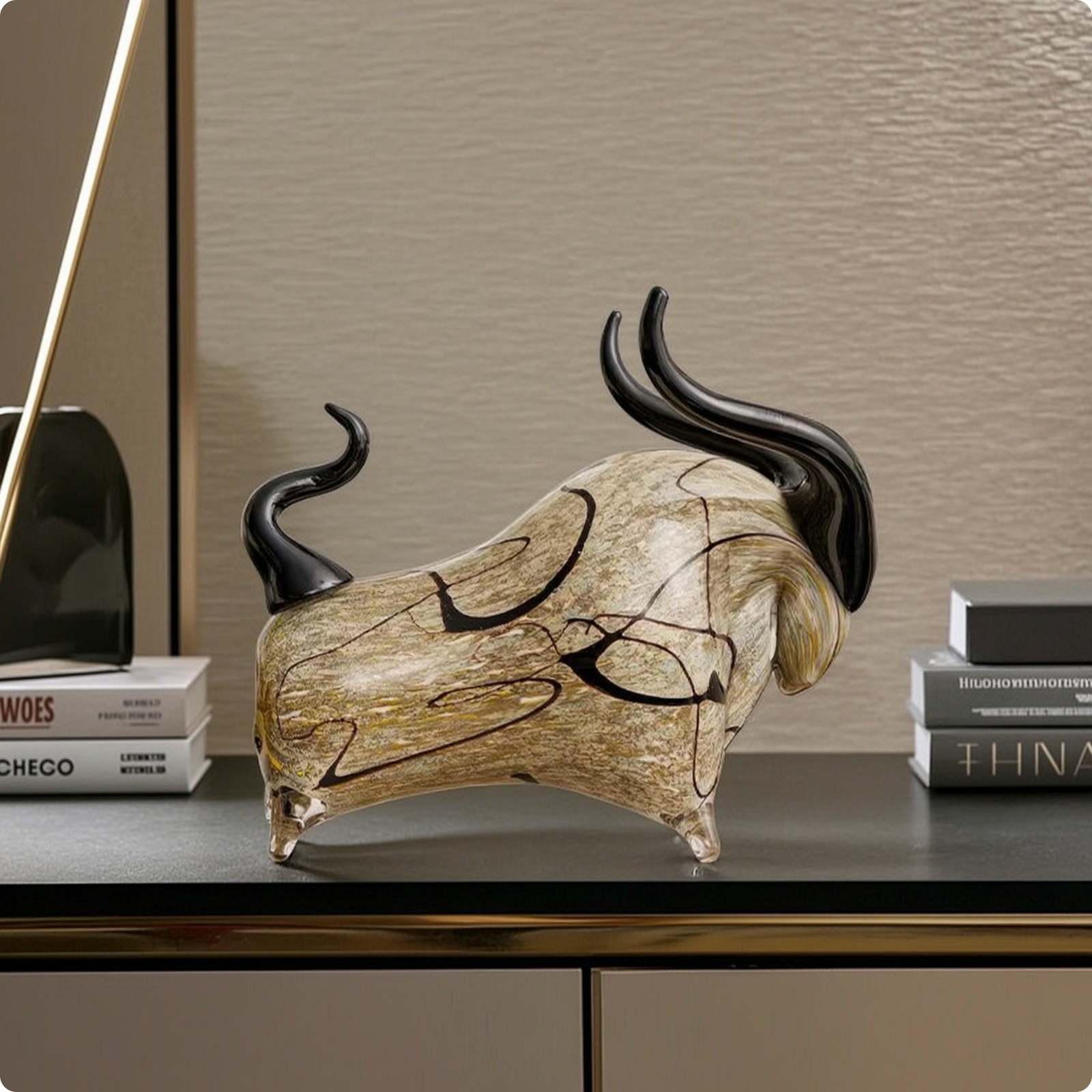 Stier-Glasskulptur dekorativ Glasstier kompakt für Büro, Kunstliebhaber,