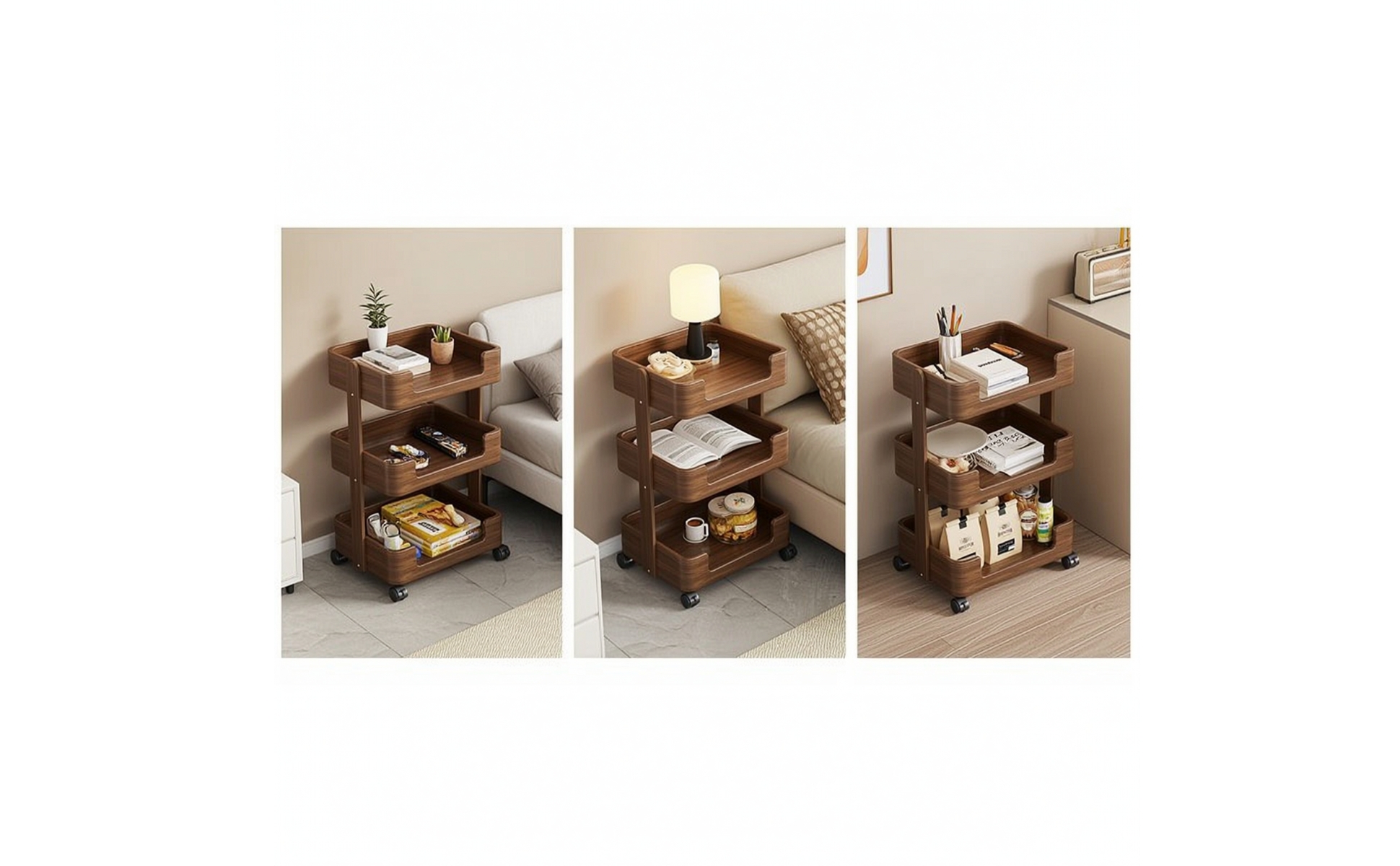 Chariot de Rangement à Trois Niveaux Mobile Chariot de Rangement En Bois Compact