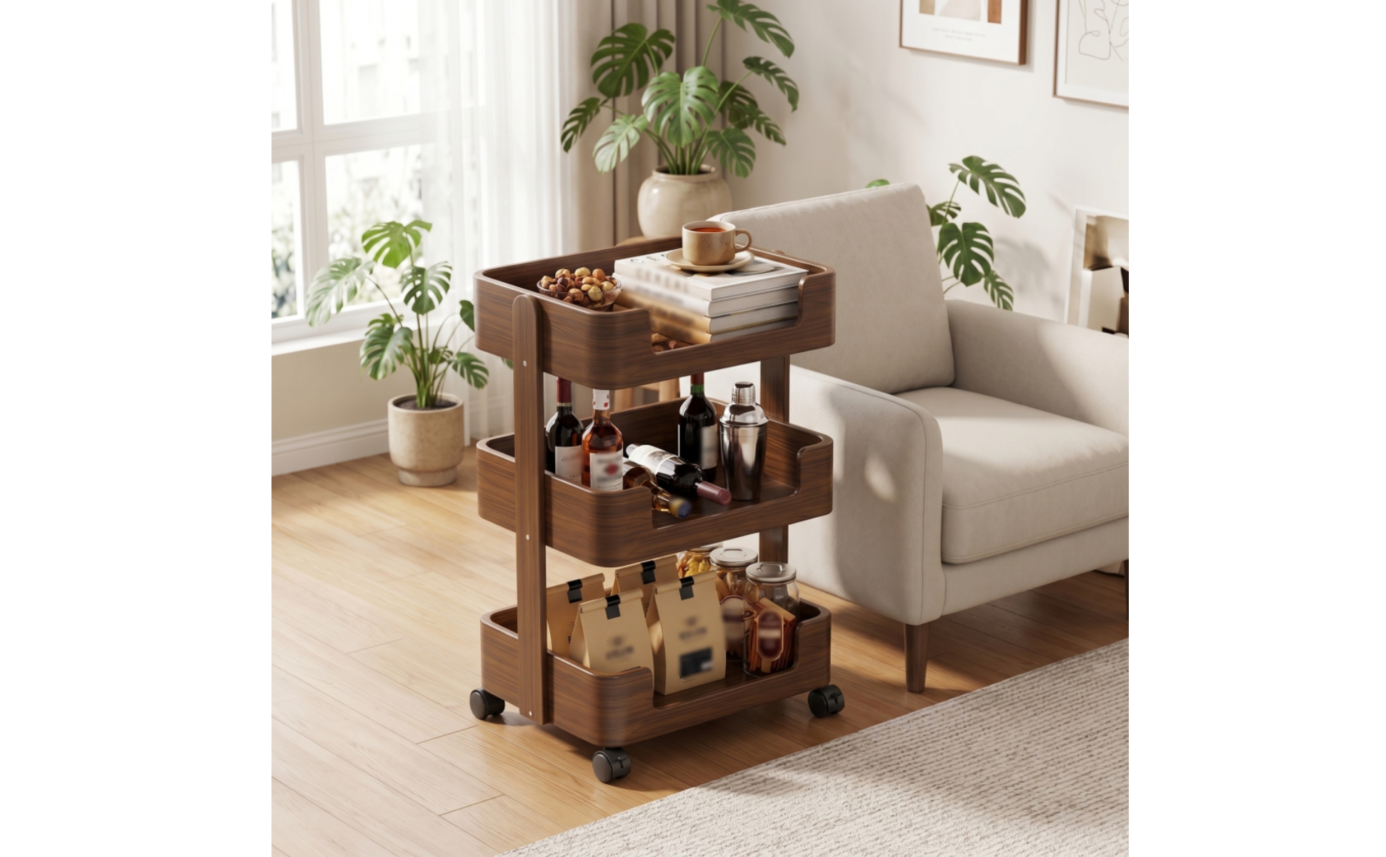 Chariot de Rangement à Trois Niveaux Mobile Chariot de Rangement En Bois Compact