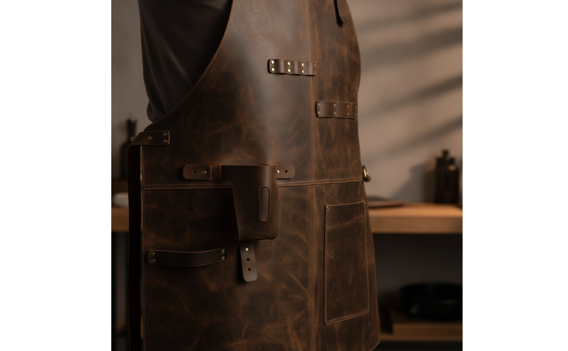 PU Leather Apron Vintage Apron with Pockets Adjustable for Workshop, Woodworkers