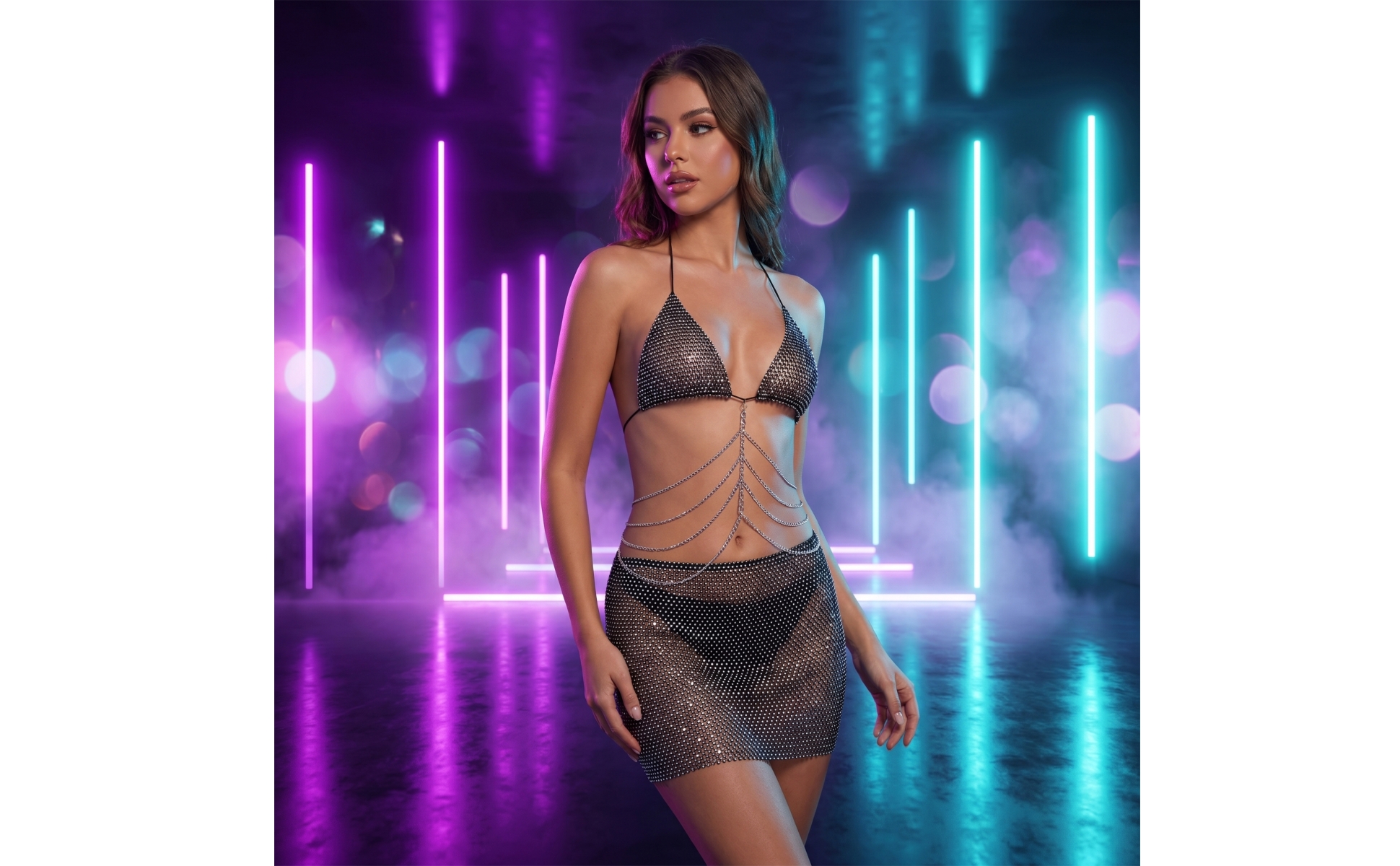 2 Pieces Halter Crop Top and Mini Skirt Set See-Through Rhinestone Mesh Set