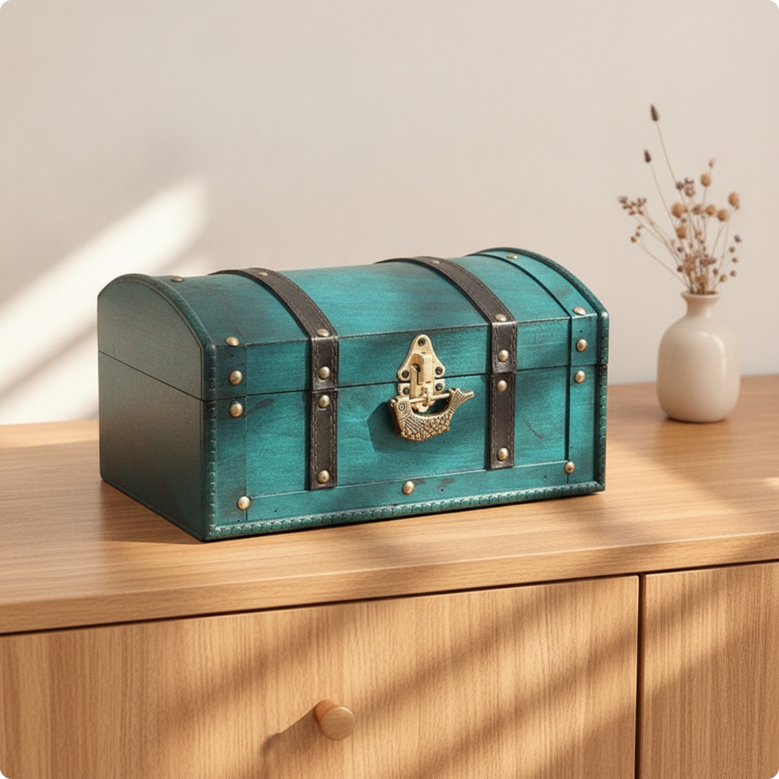 Wooden Treasure Chest with Arched Lid Portable Decorative Storage Box Compact