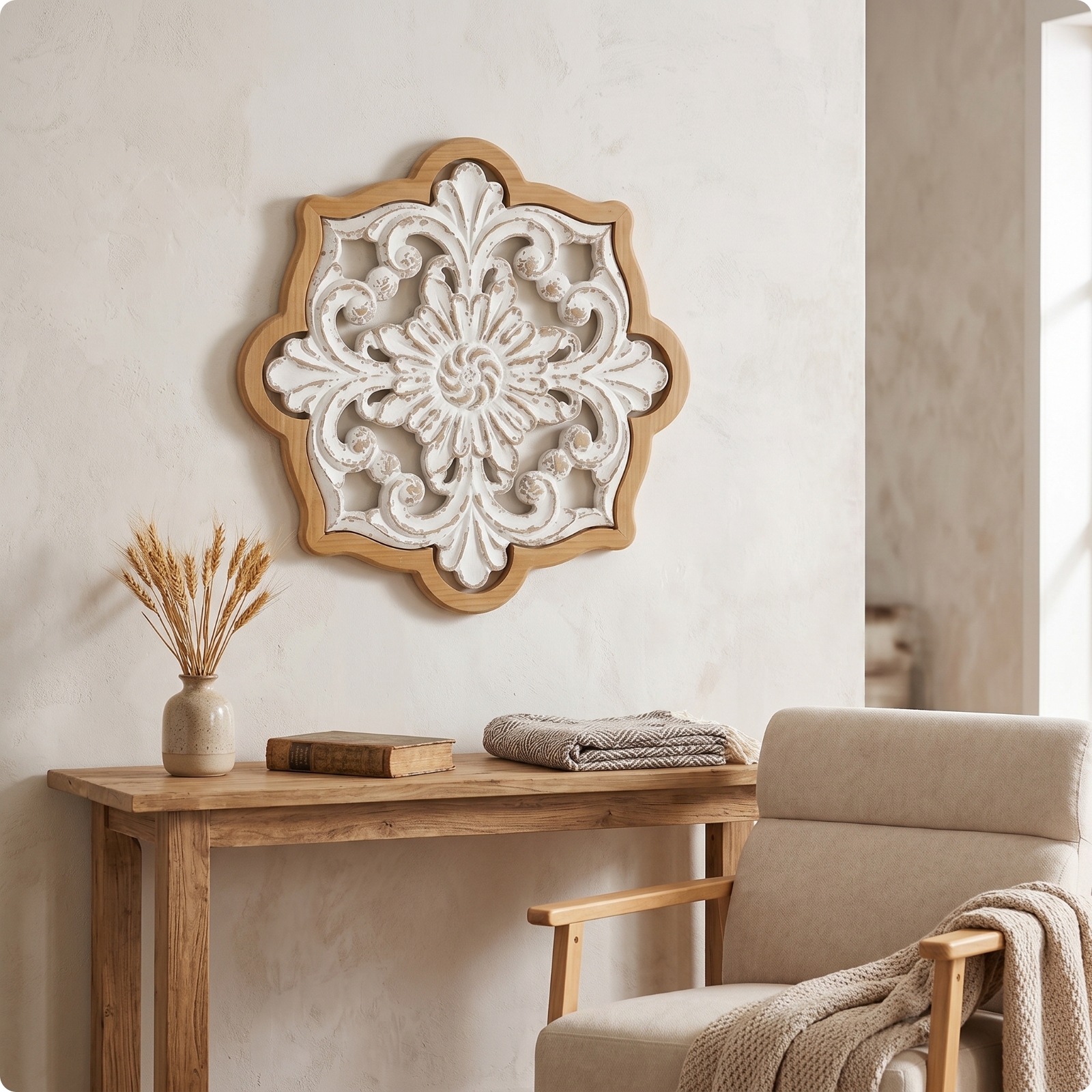 Wandrelief mit Blumenmuster geschnitzt Wanddekoration aus Holz rustikal für