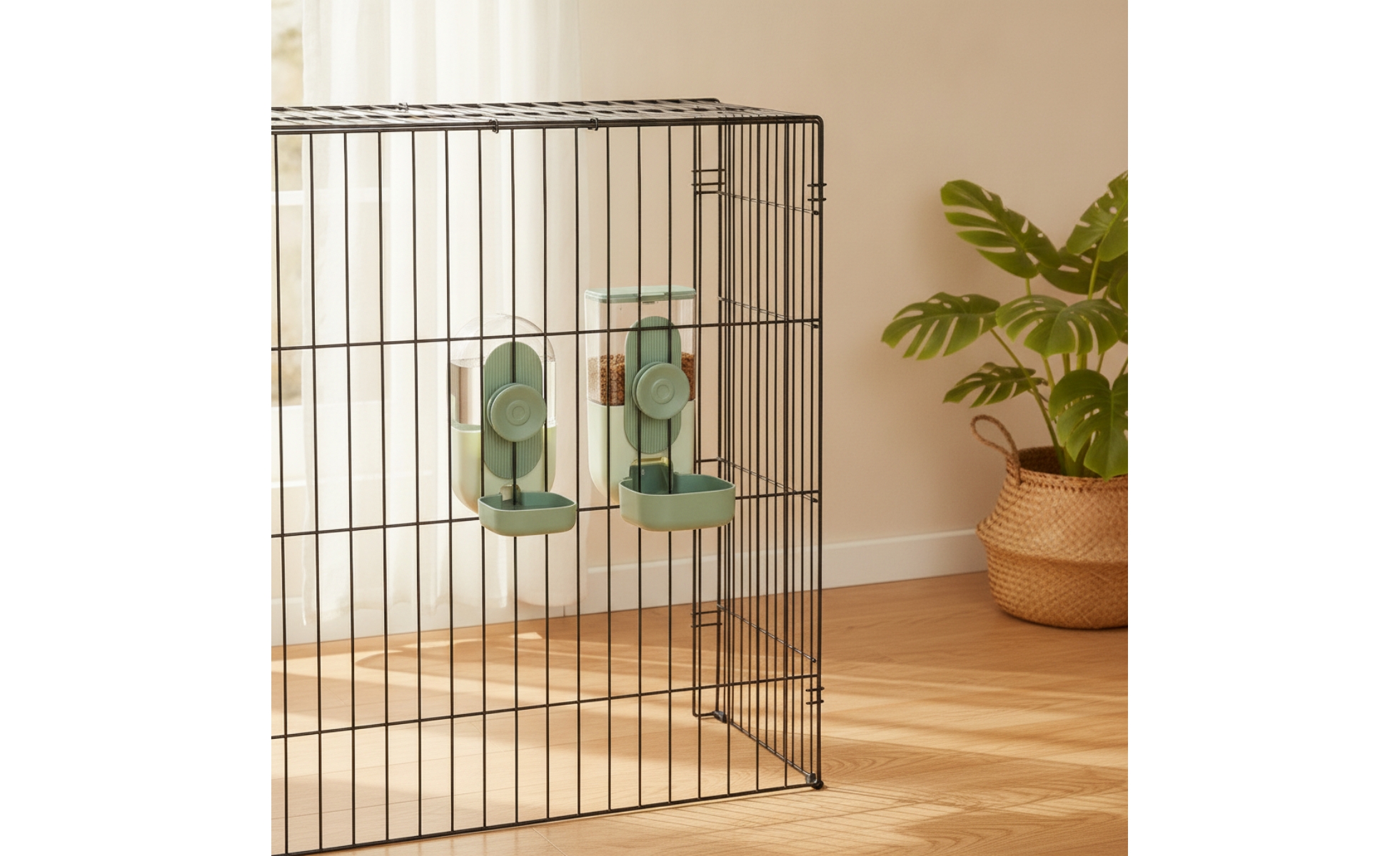 2 Stück Käfig-Futterspender mit Wassertränke Transparent für Hasenstall, Welpen