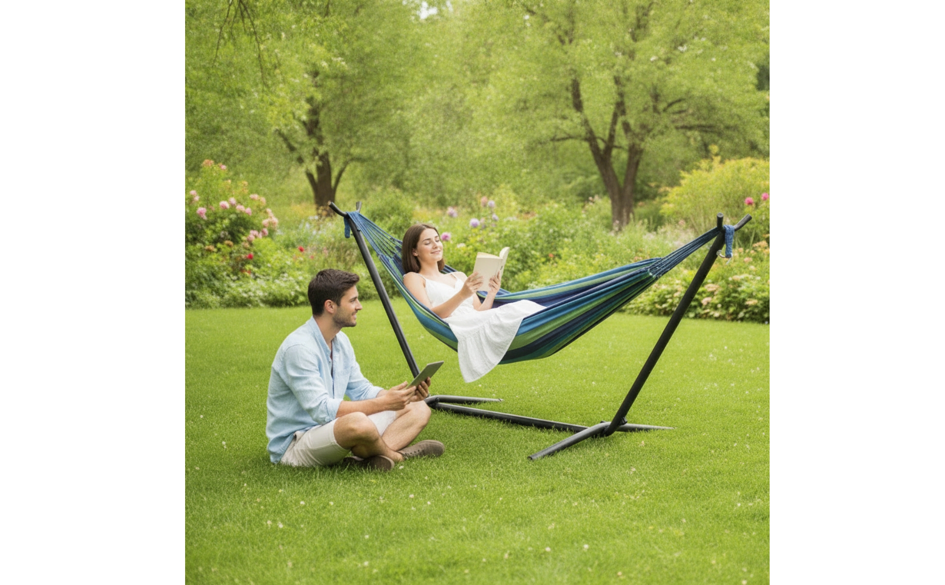 Hanging Bed with Stand 2-Person Freestanding Hanging Bed Portable for Backyard