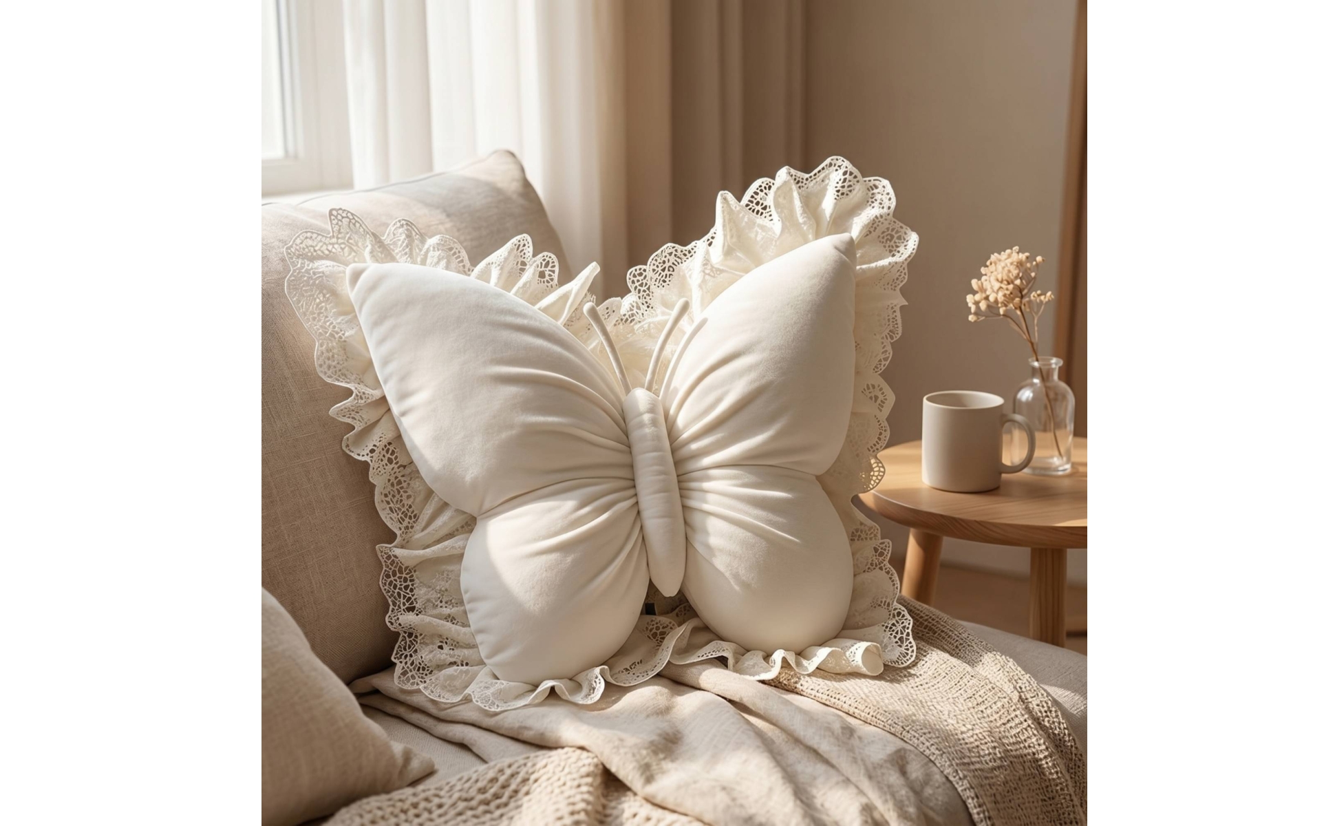 Butterfly Cushion with Lace Soft Butterfly Pillow Velvety for Sofa, Bed