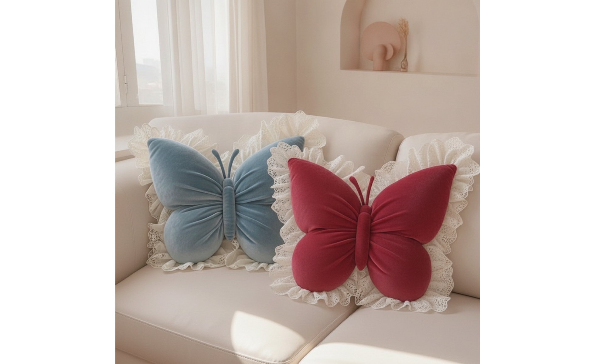 Butterfly Cushion with Lace Soft Butterfly Pillow Velvety for Sofa, Bed