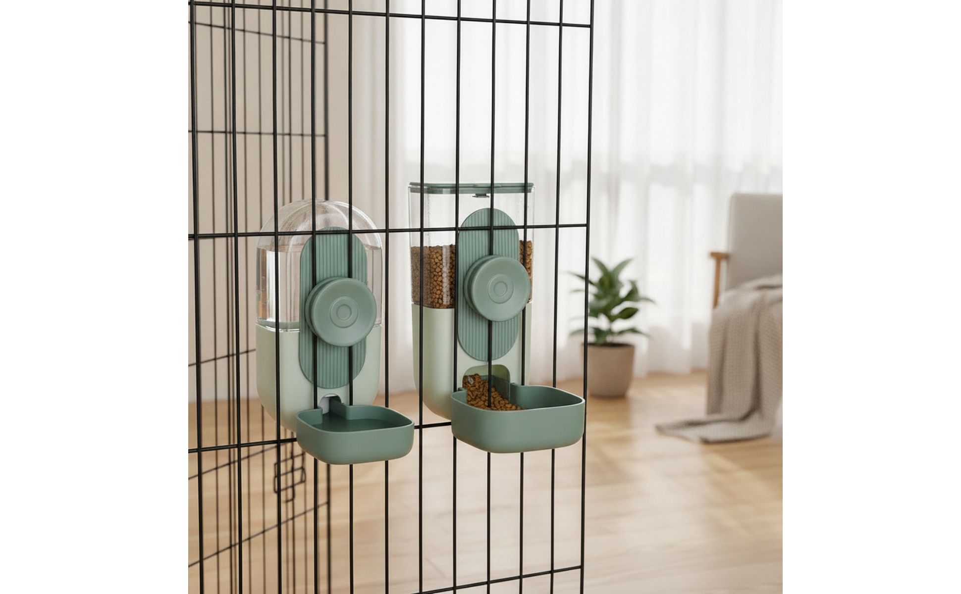 2 Stück Käfig-Futterspender mit Wassertränke Transparent für Hasenstall, Welpen