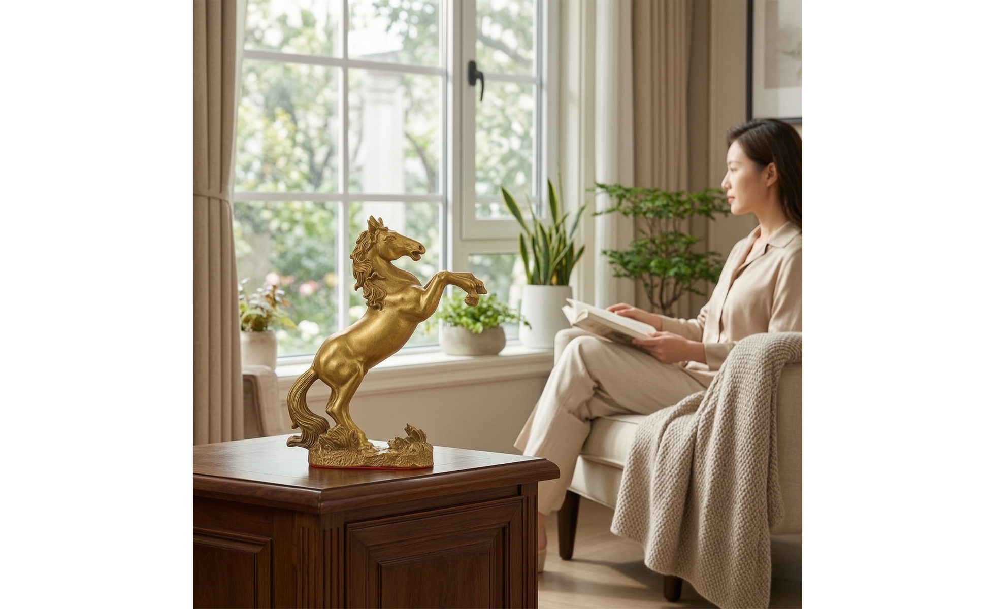 Brass Horse Figurine Gold-Toned Standing Horse Ornament Sculpted for Living Room