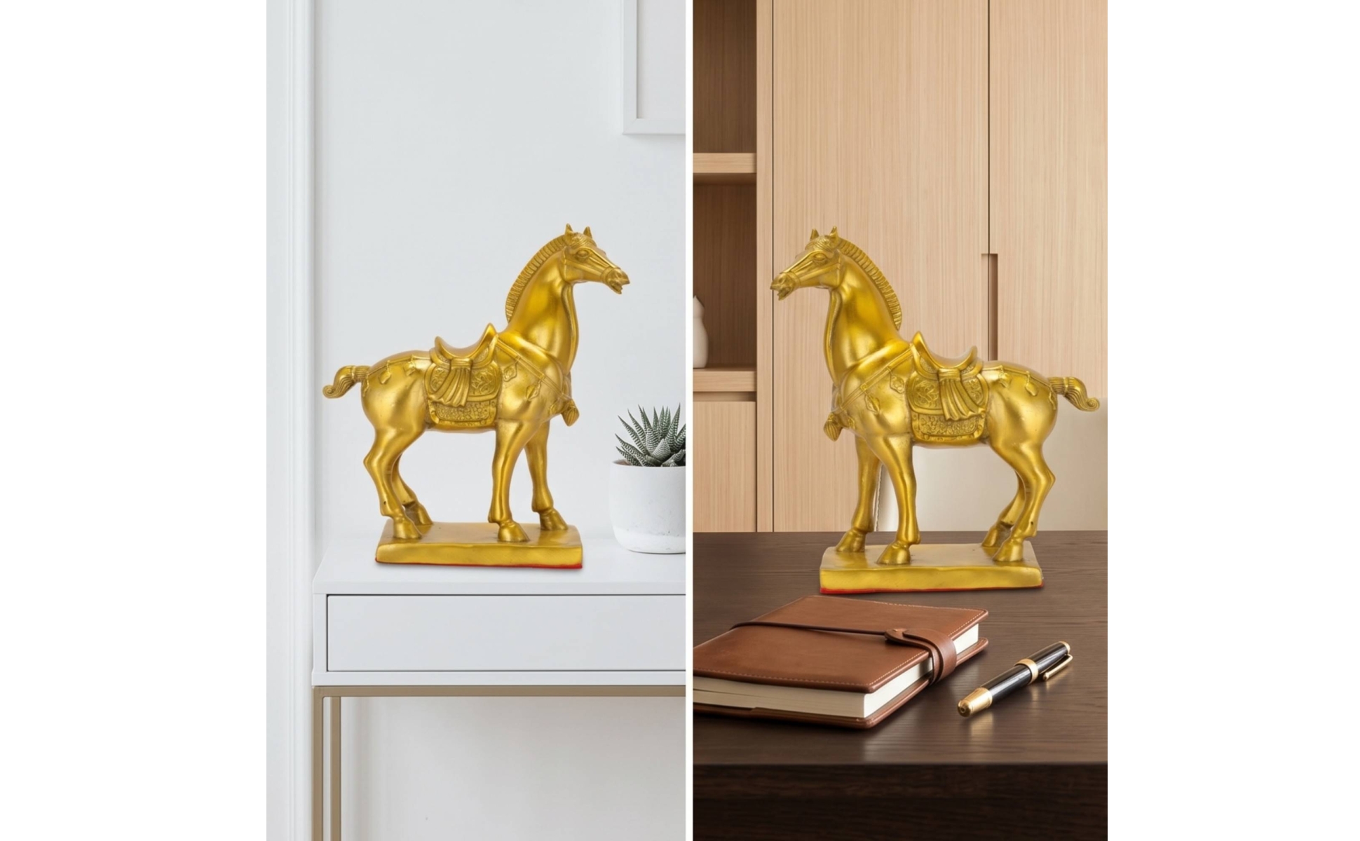 Brass Horse Figurine Gold-Toned Standing Horse Ornament Sculpted for Living Room