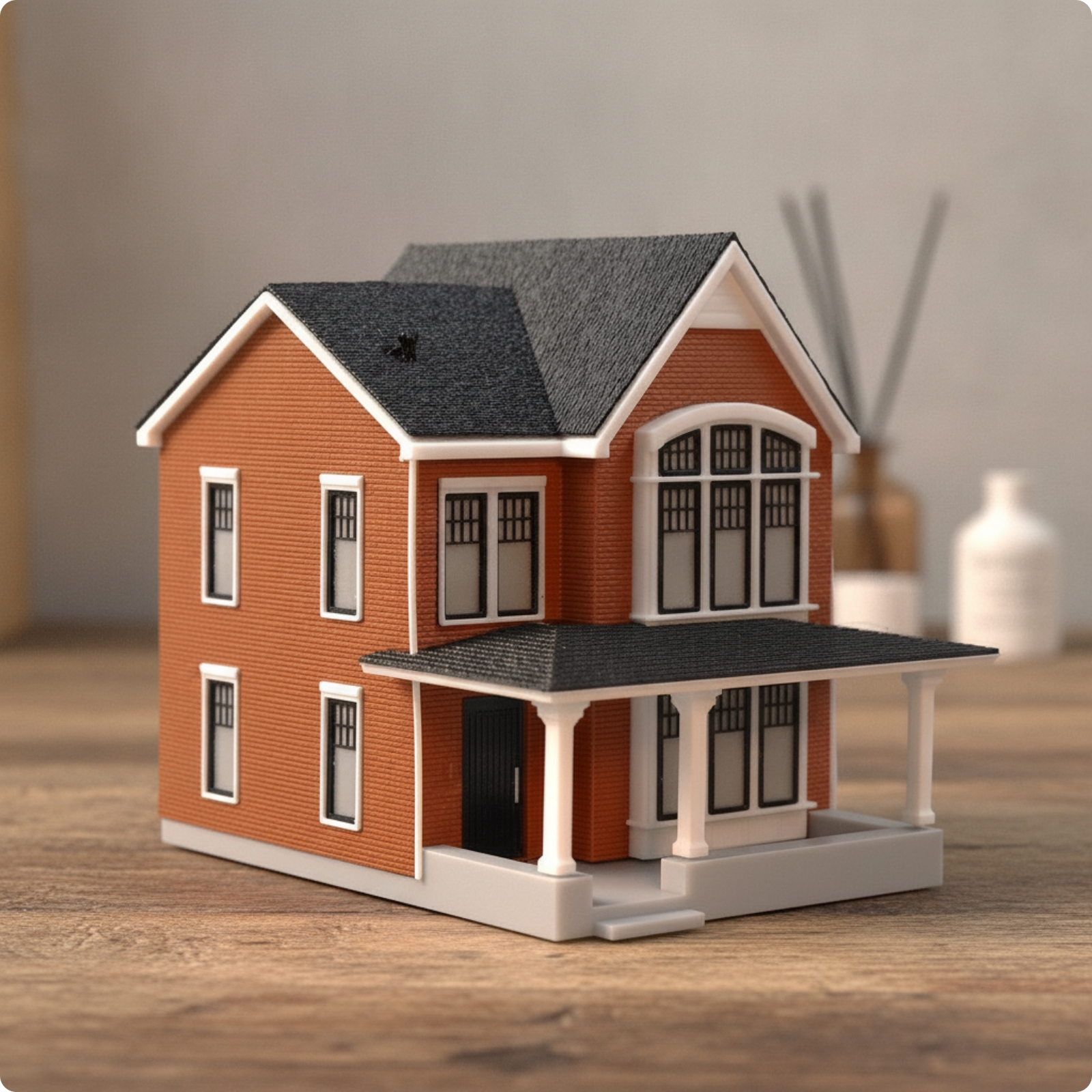 Two-Story House Model Brick-Textured Diorama Building Assembled for Hobbyists