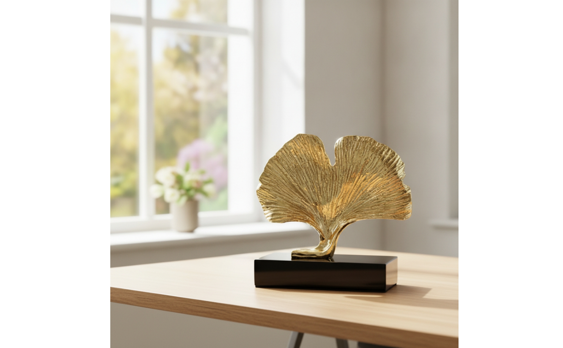 Ginkgo Leaf Sculpture Electroplated Tabletop Ornament with Base Sculptural