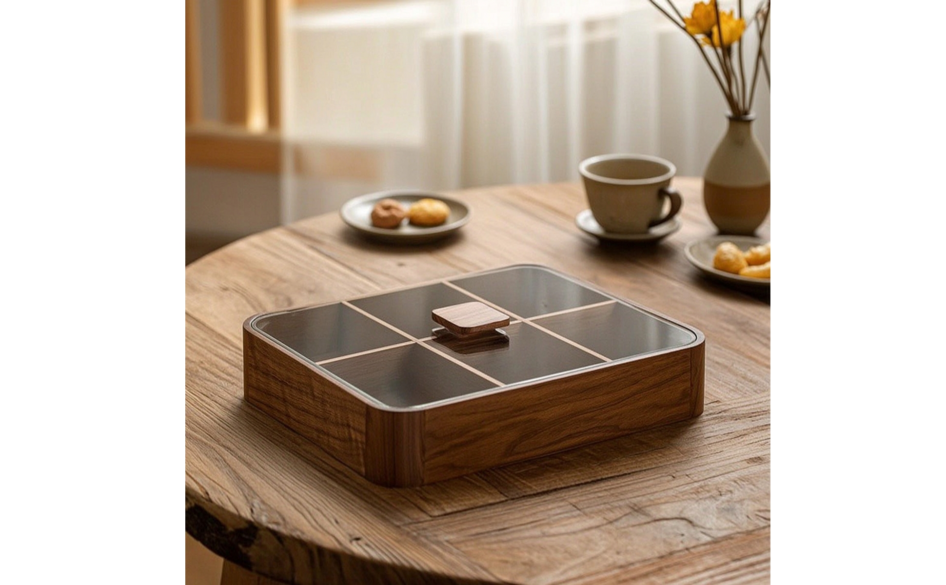 Tea Box with Glass Lid Solid Wood Wooden Box with Glass Lid Sleek