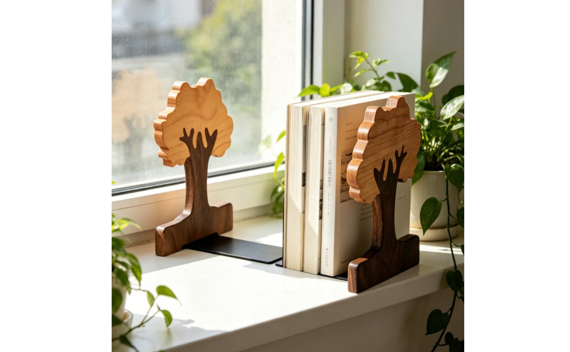 Bookends with Sliding Plates Adjustable Tree Bookends Freestanding for Bookshelf