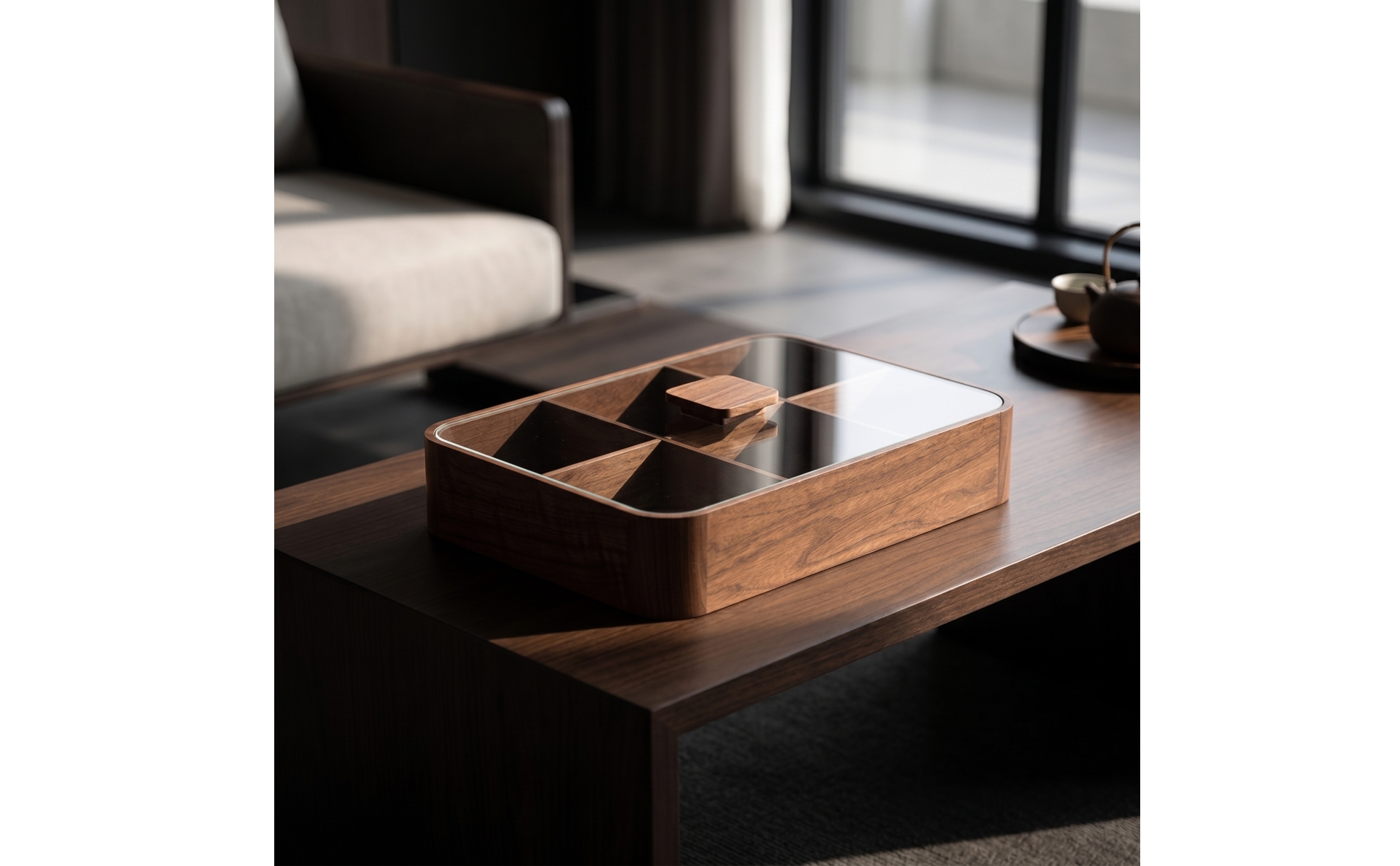 Tea Box with Glass Lid Solid Wood Wooden Box with Glass Lid Sleek