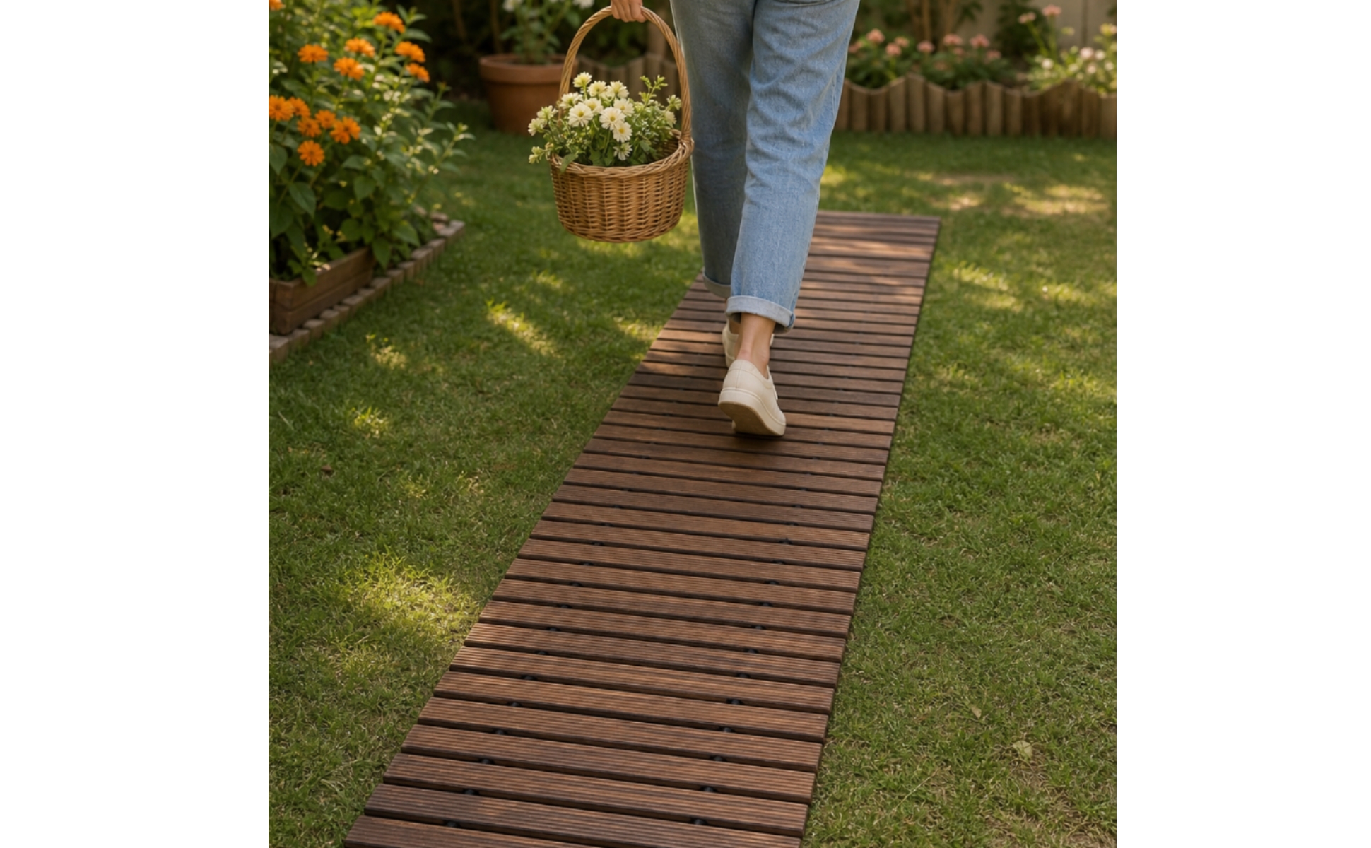 Roll-up Wooden Walkway Flexible Roll-out Garden Mat Portable for Backyard, Lawn