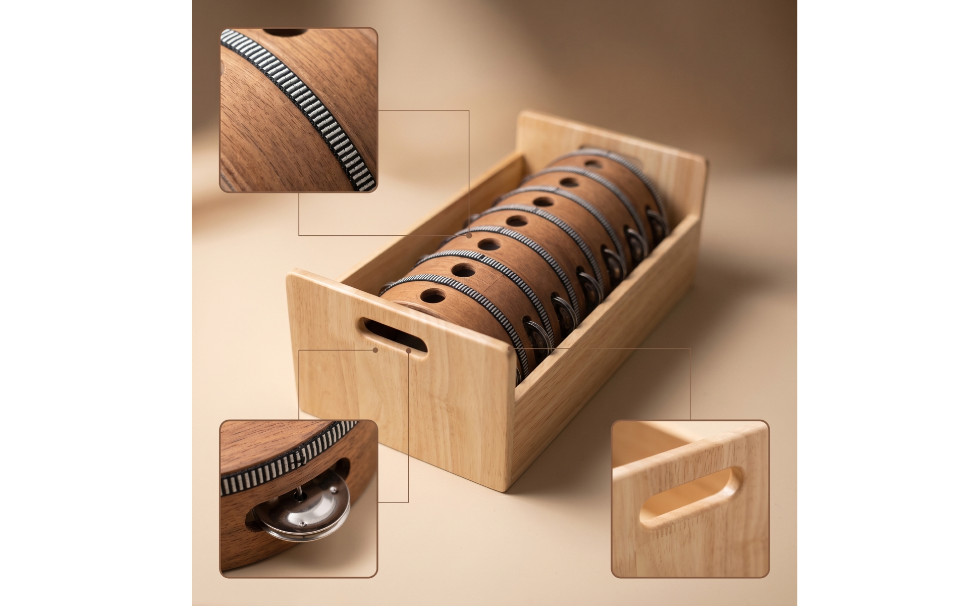 Tambourine with Storage Box Wooden Tambourine 6-Inch for Music Rehabilitation