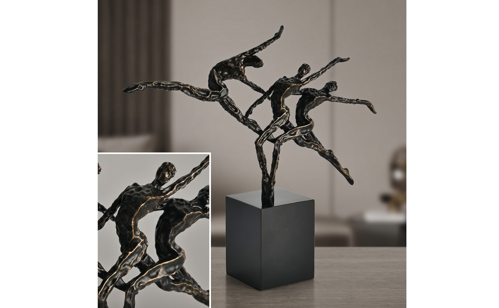 Dancer Sculpture with Marble Base Black and Gold Geometric Dancer Statue Modern