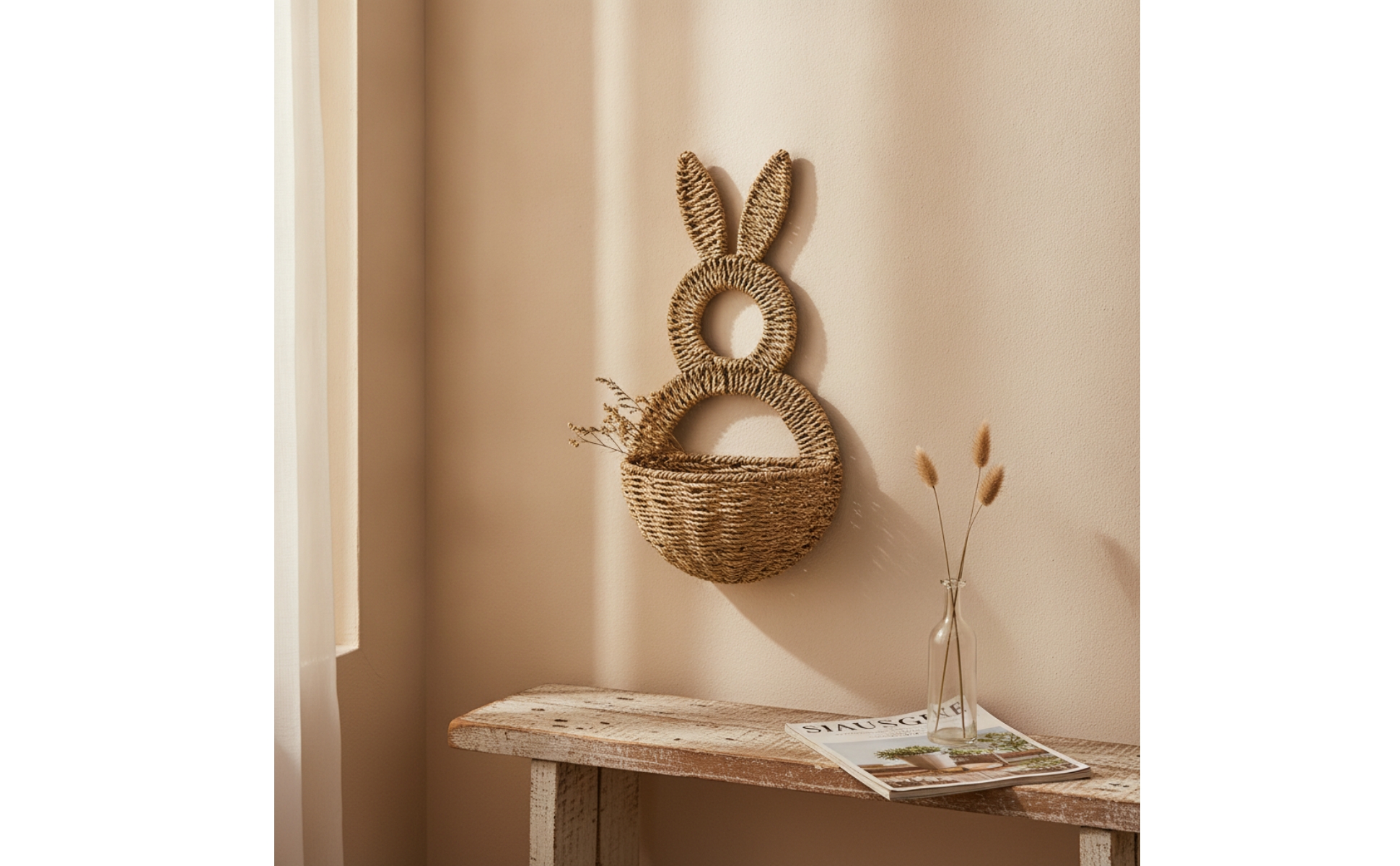 Rabbit Wall Hanging Basket Handwoven Wall Basket with Ears Handmade for Entryway