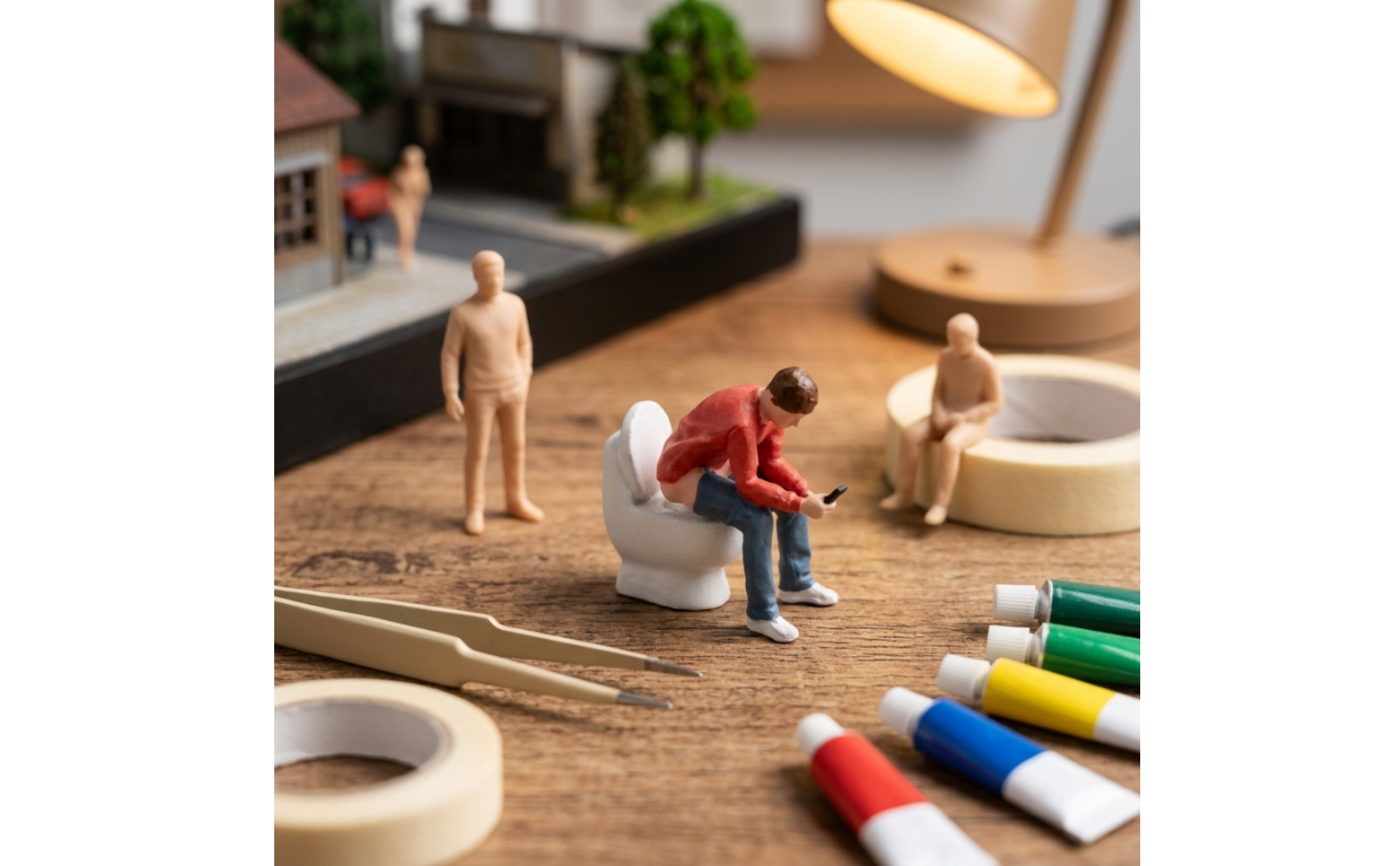 Miniature Man on Toilet 1:64 Scale Resin Figure with Toilet Hand-Painted