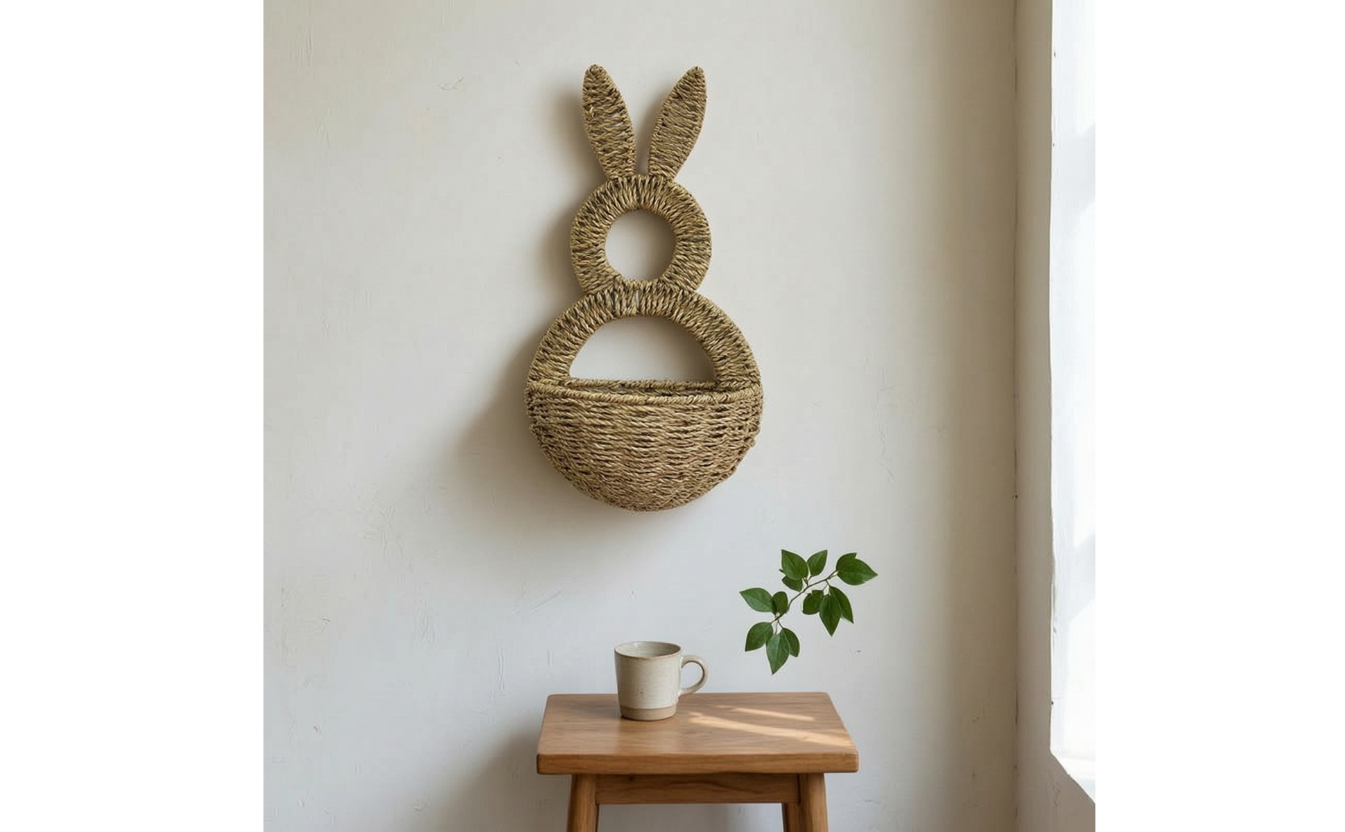 Rabbit Wall Hanging Basket Handwoven Wall Basket with Ears Handmade for Entryway