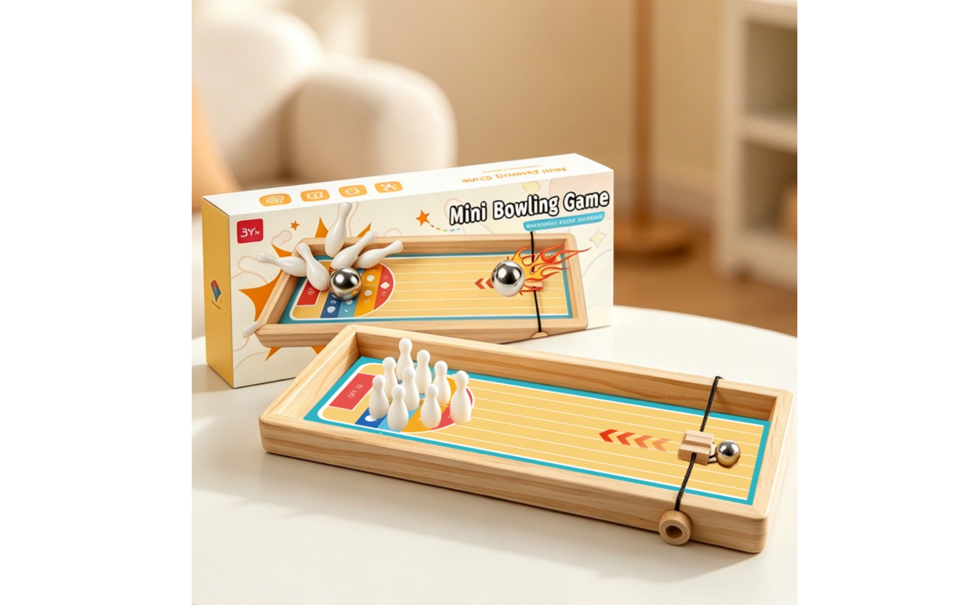 Tischbowling-Spiel mit Seilwerfer Hölzern Tischbowling Kompakt für Klassenzimmer